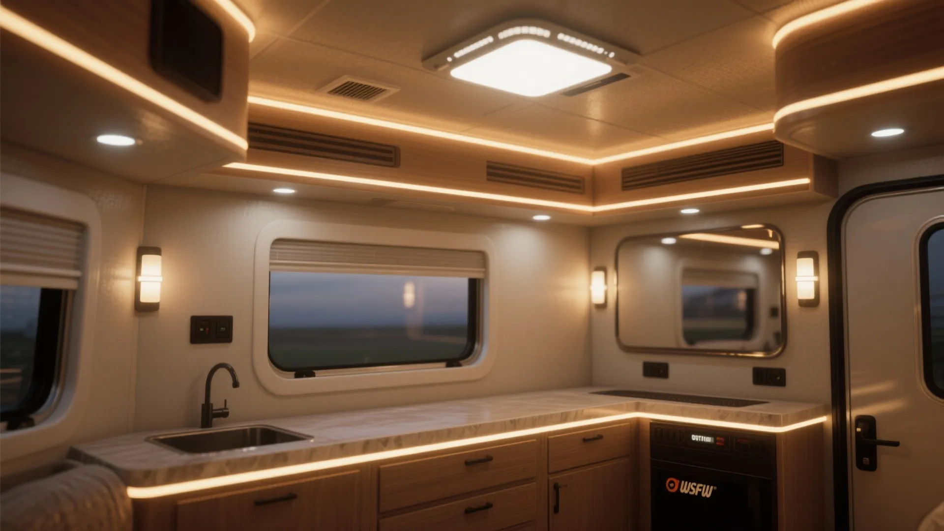 5. Layered lighting and mirrored accents