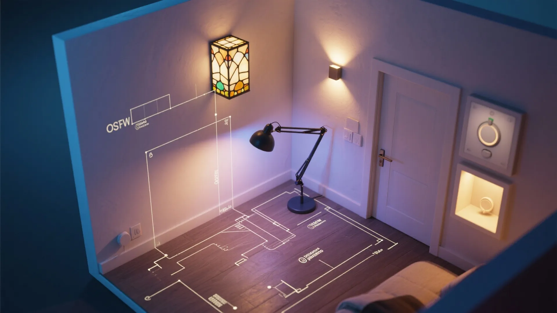 Top-down lighting plan mockup showing stained glass wall light combined with task lighting and dimmer controls