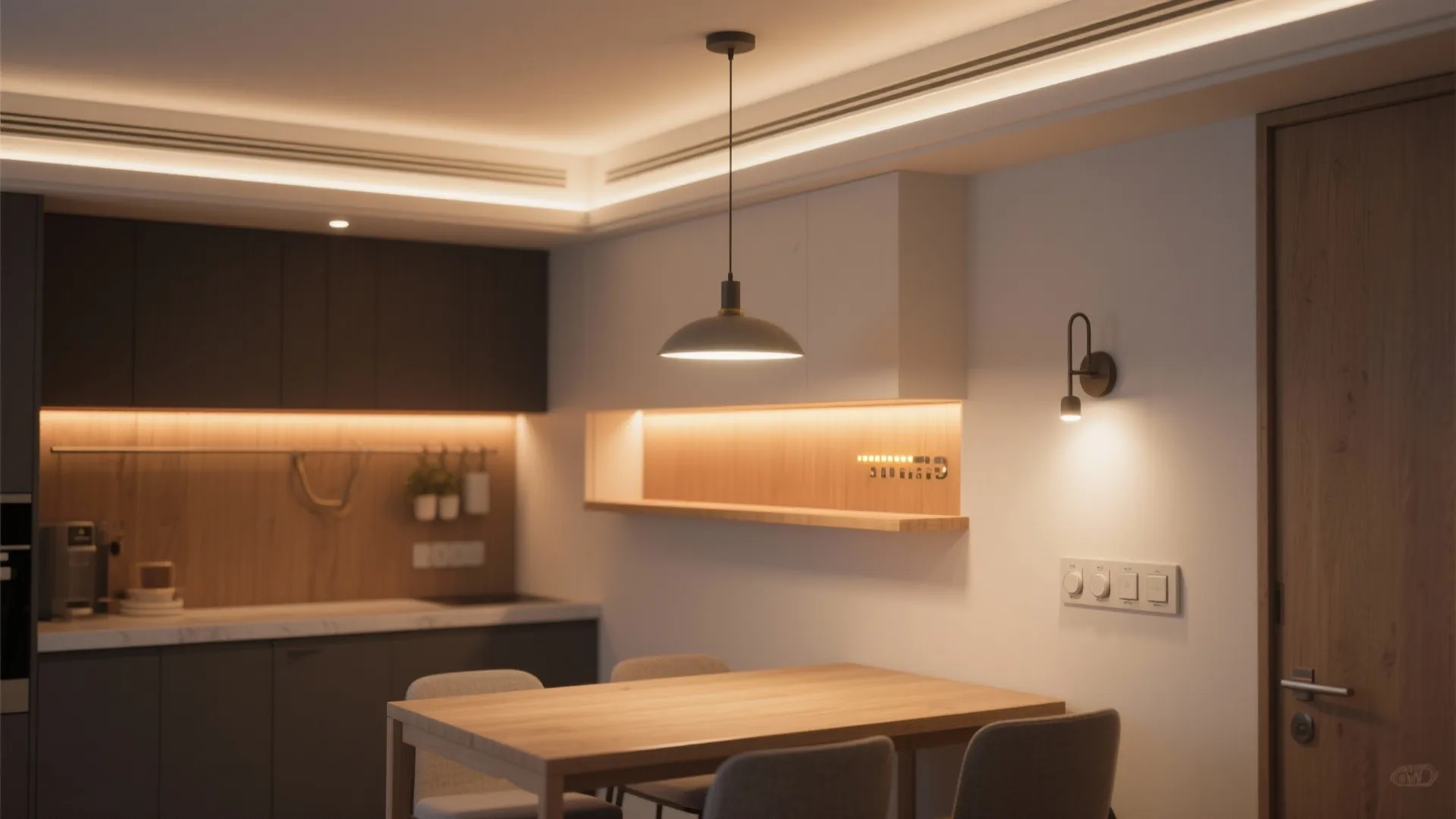 Compact dining area showing ambient ceiling light, pendant and wall sconce task lights, and LED shelf accent lighting.