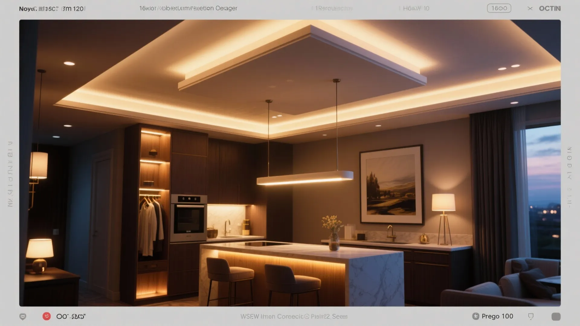 Luxury kitchen with warm ceiling light fixture marble island table and dark wood storage cabinet