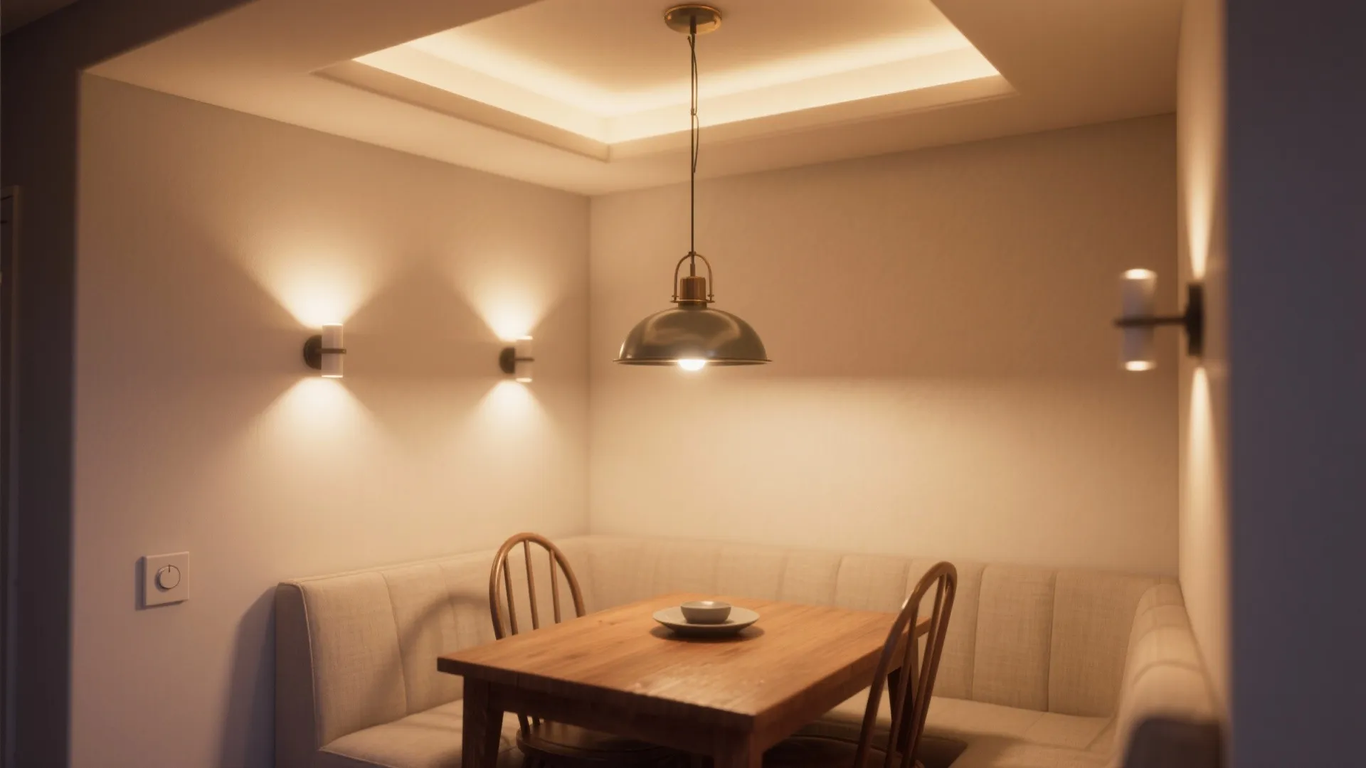 Cozy dining area with ceiling light plus wall light and hidden light for a warm atmosphere