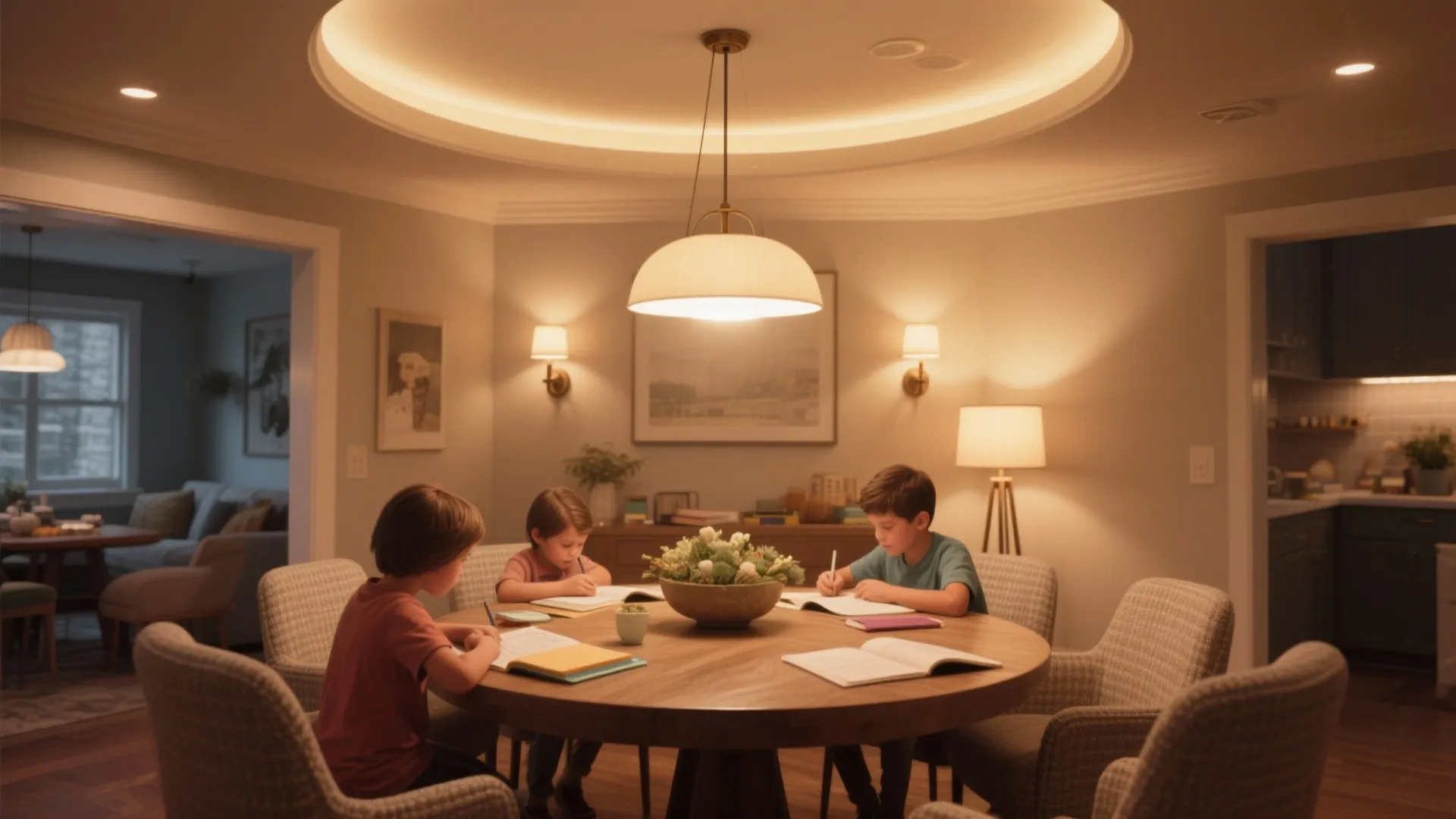 Round dining table with layered ambient, task, and accent lighting for flexible moods