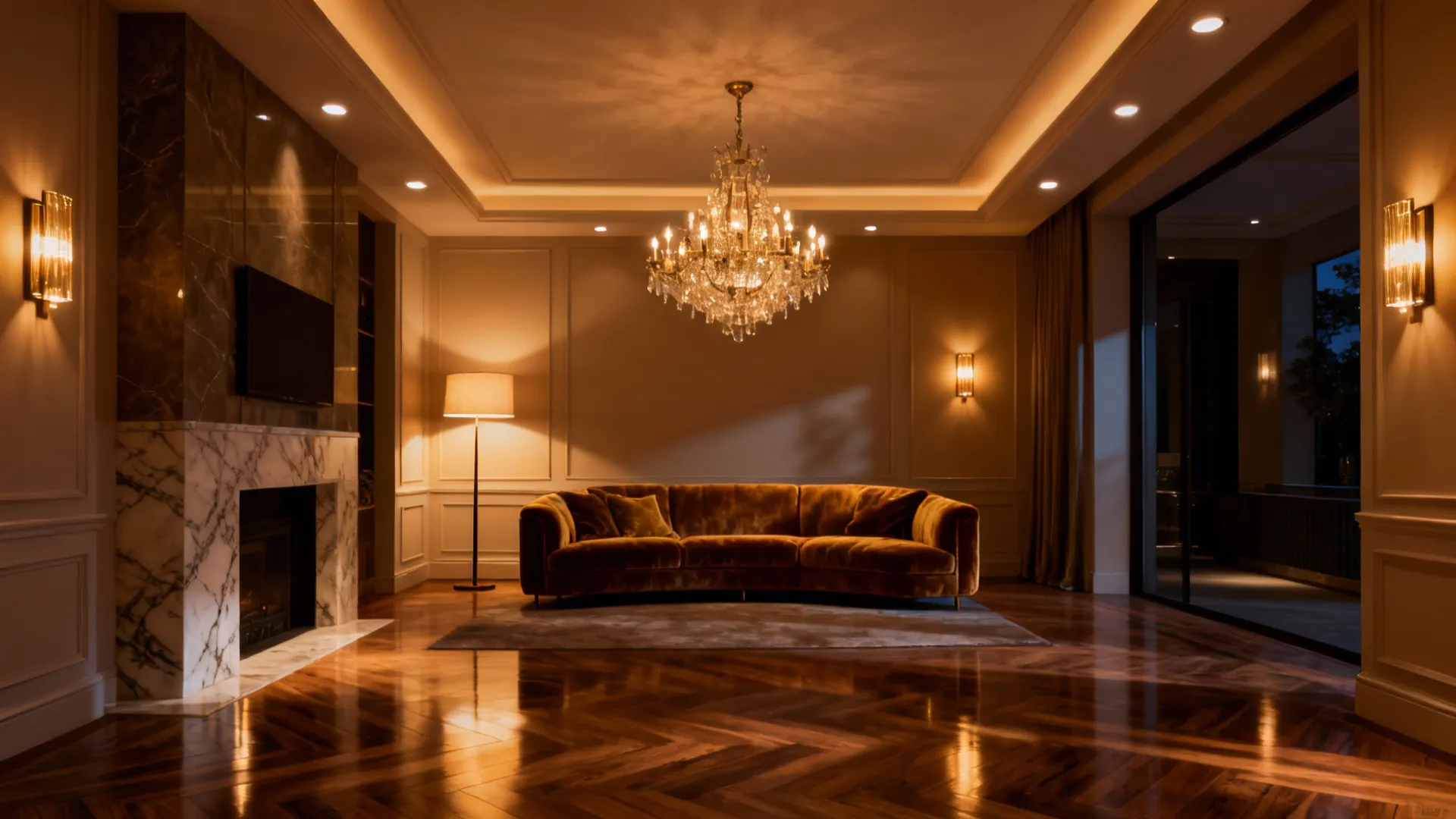 Living room demonstrating layered lighting with chandelier, wall sconces and floor lamp for balanced illumination