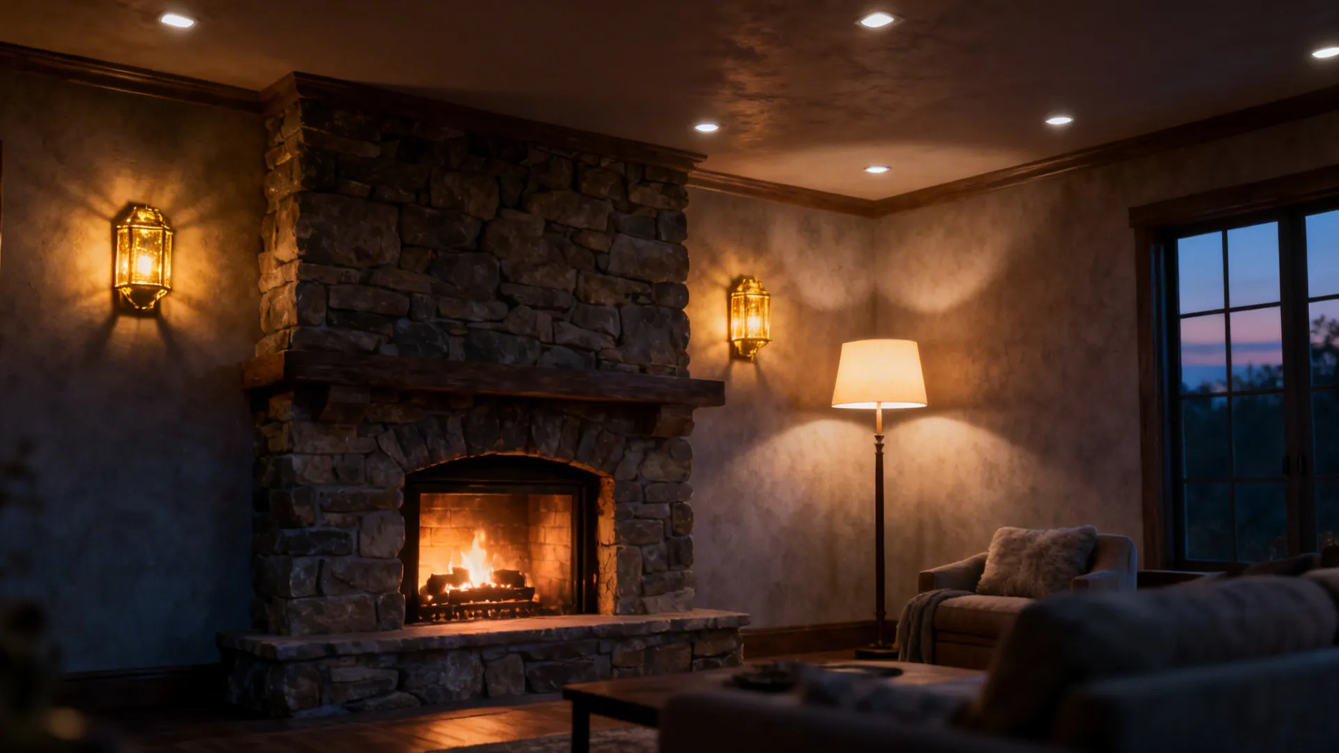 Living room around a fireplace illuminated by wall sconces, a floor lamp and dimmable overheads.