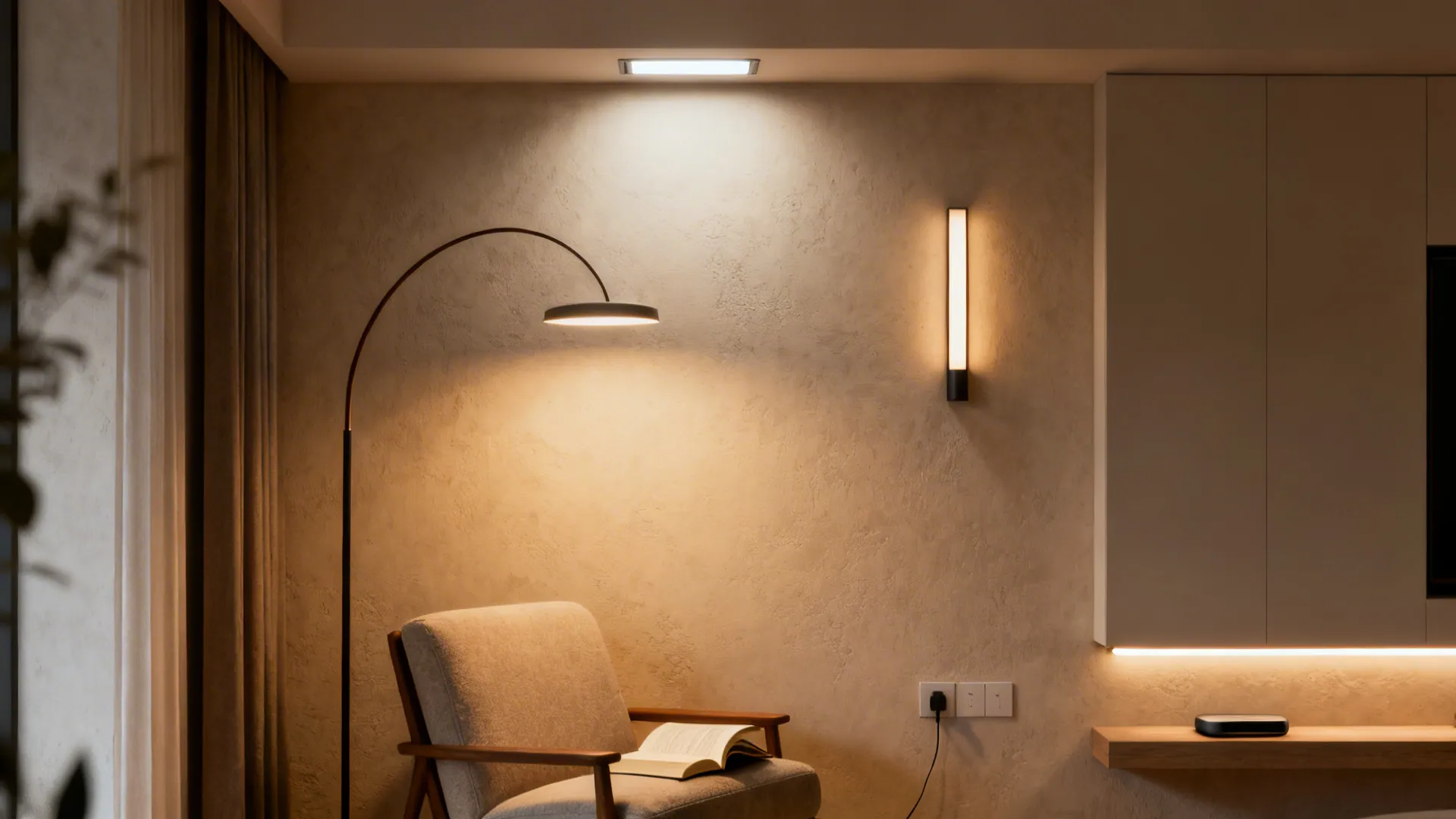Slim floor lamp, wall sconce, and dimmable overhead light creating layered illumination in a small living room.