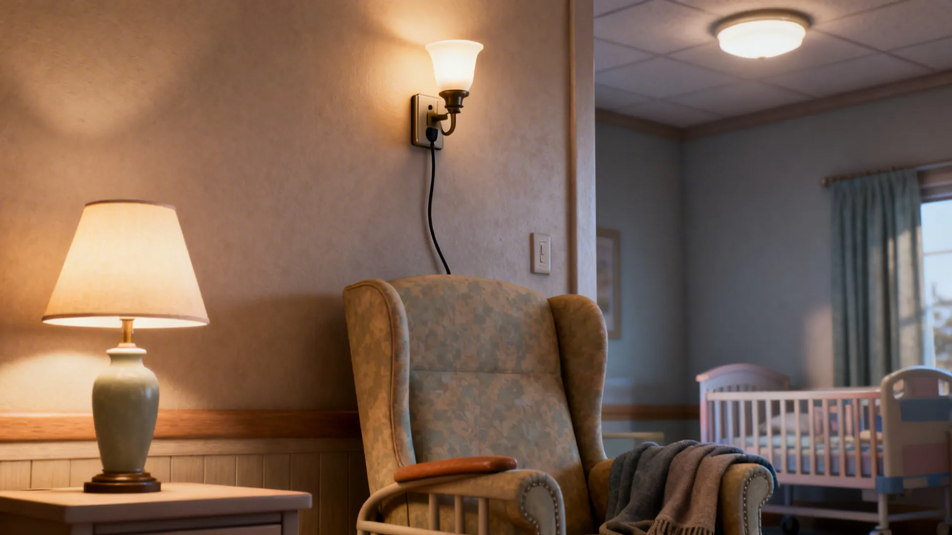 Nursery with layered lighting: night lamp, wall sconce and ceiling light creating cozy zones.