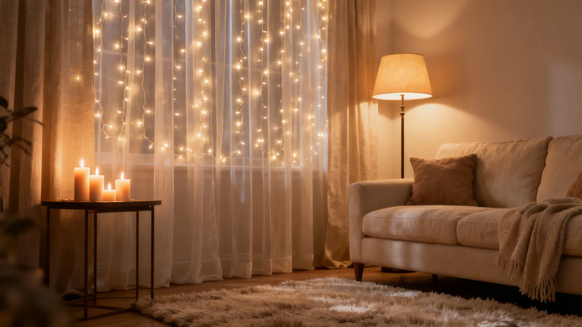 2. Layered Lighting: String Lights, Candles & Warm LEDs