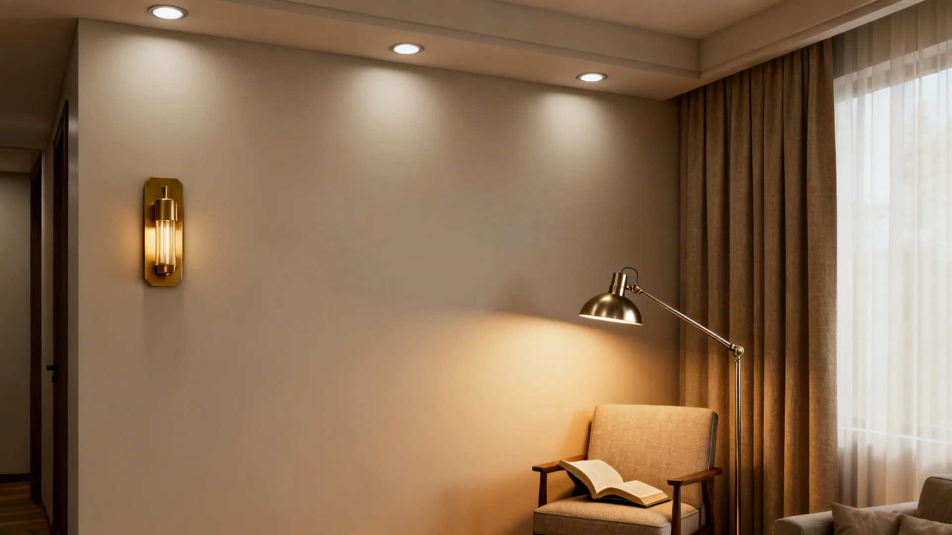 Corner vignette showing recessed lights, wall sconce and floor lamp creating layered lighting in a small living room.