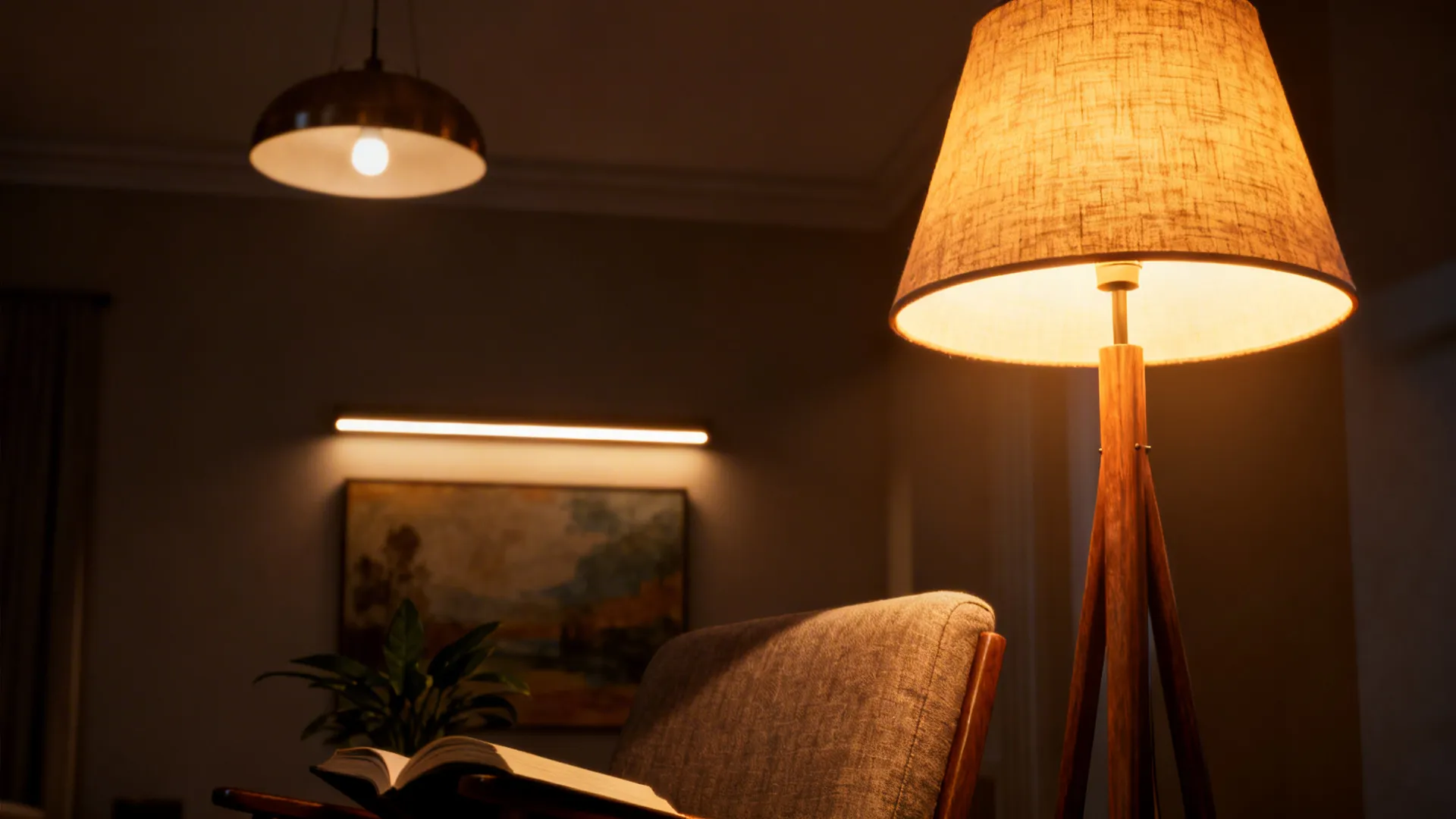 Close-up of warm floor lamp, pendant light, and accent light near art and plant.