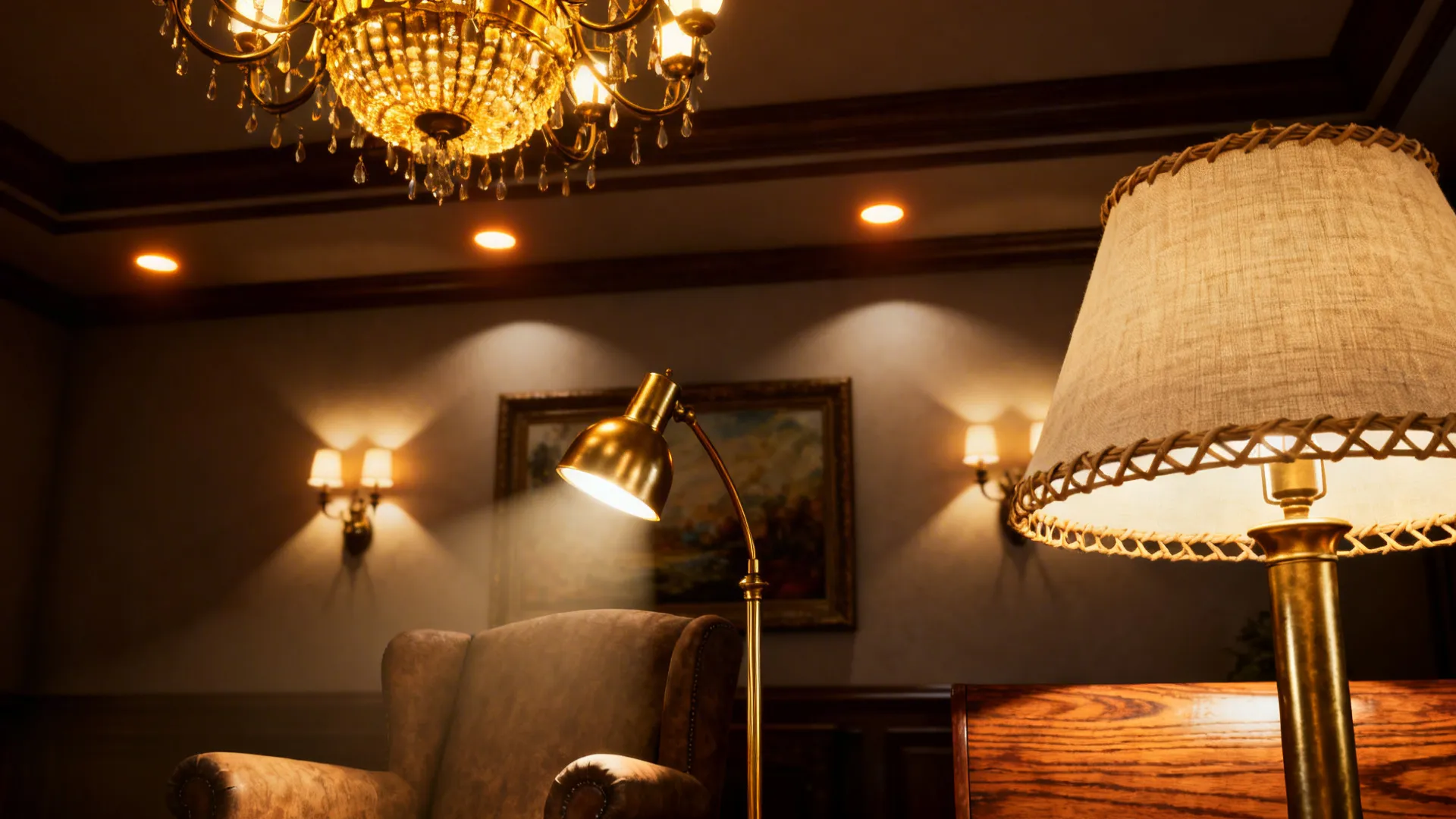 Close-up of layered lighting in a living room: chandelier, floor lamp, sconces, and warm recessed lights.