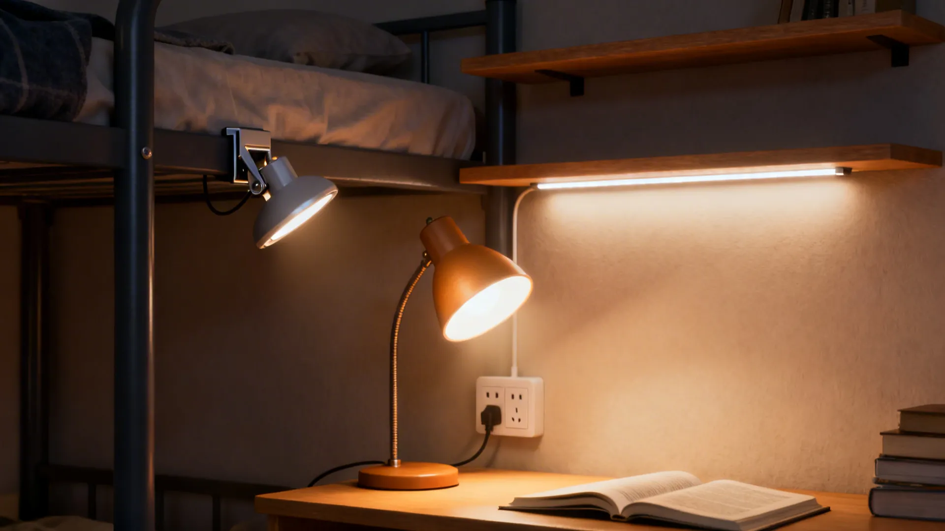 Orange desk lamp and shelf light shining on a wooden table with an open book
