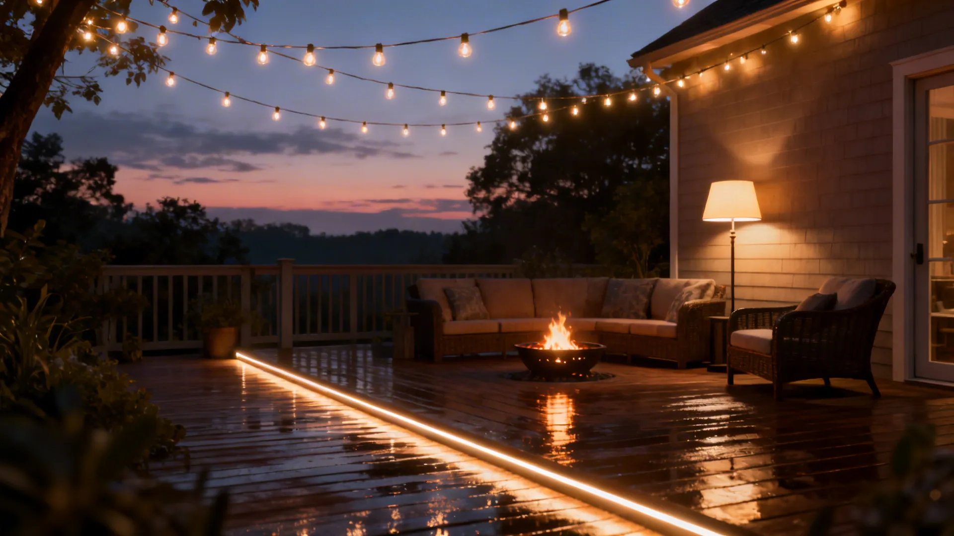 Small patio with string lights, path LEDs, reading lamp, and fire pit creating warm ambience