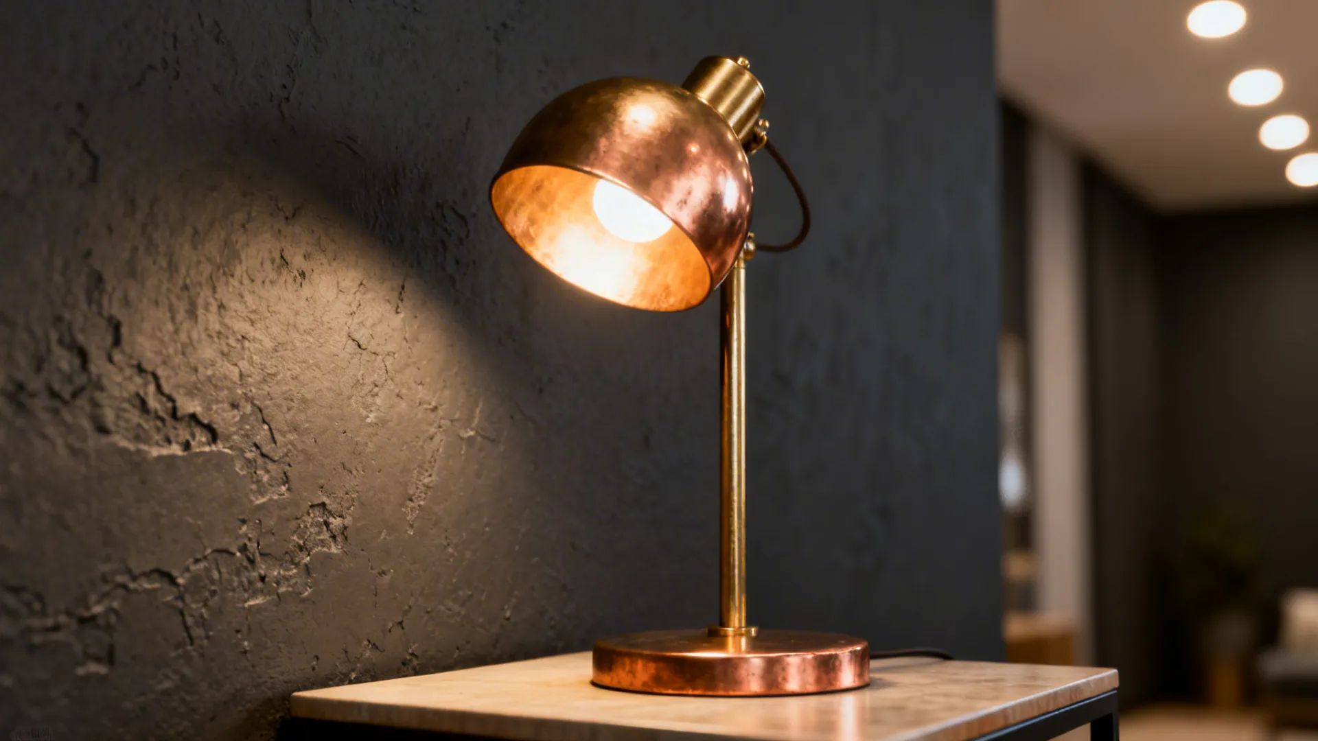 Brass table lamp glowing against a dark gray wall with layered lighting.