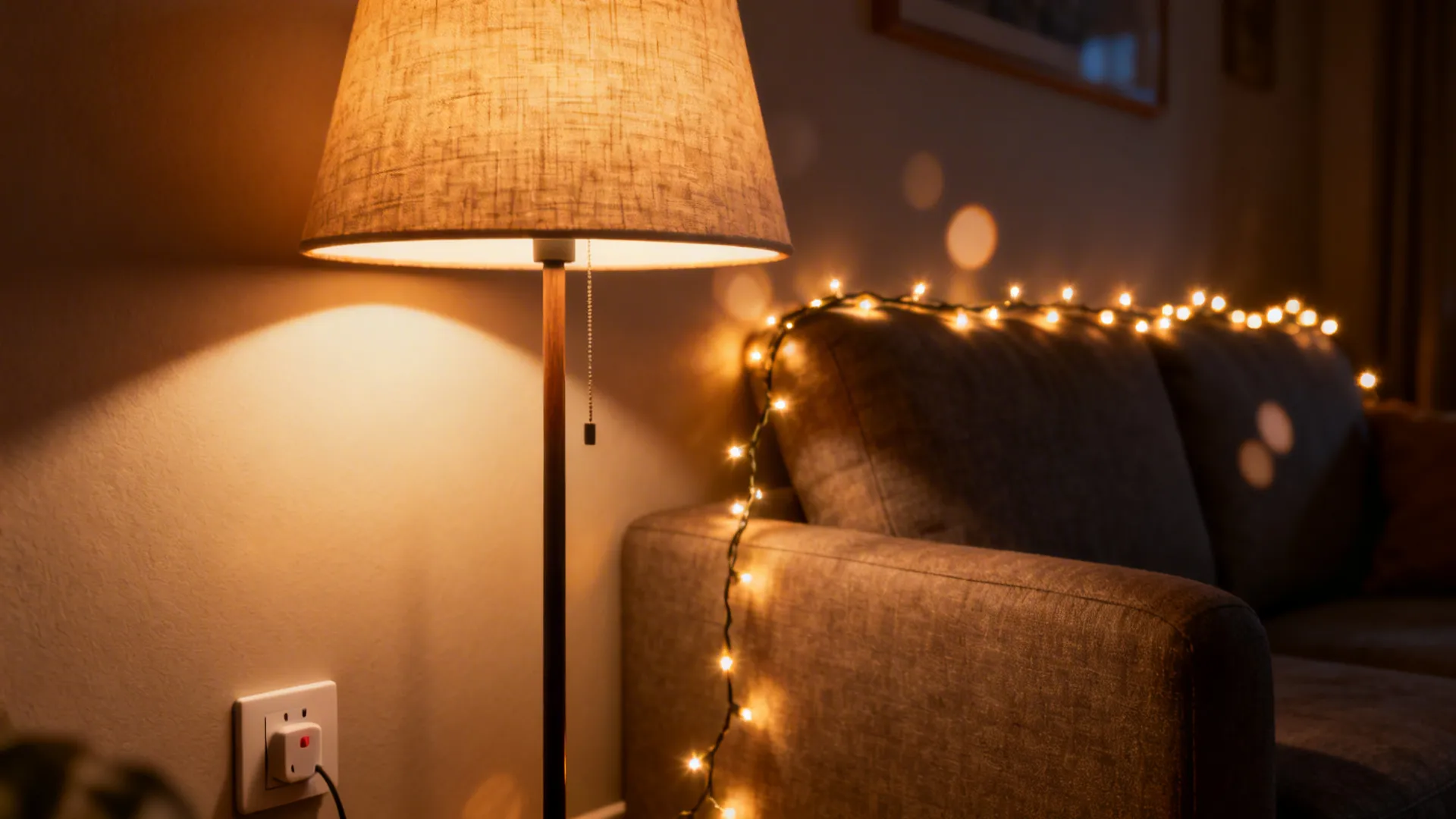Close-up of a dimmable floor lamp and warm LED fairy lights creating layered mood lighting in a small living room.