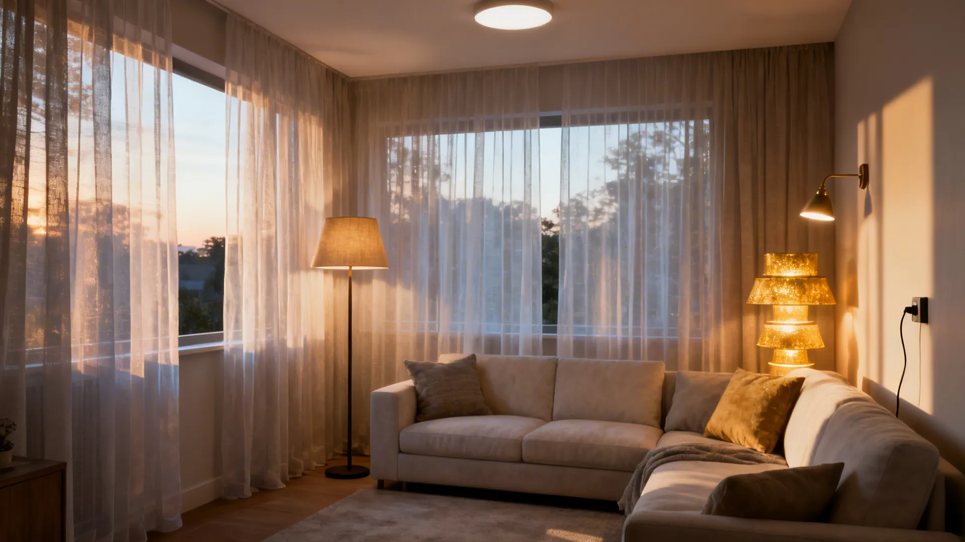 Sheer curtains with natural daylight and layered lamps creating a bright, flexible small room