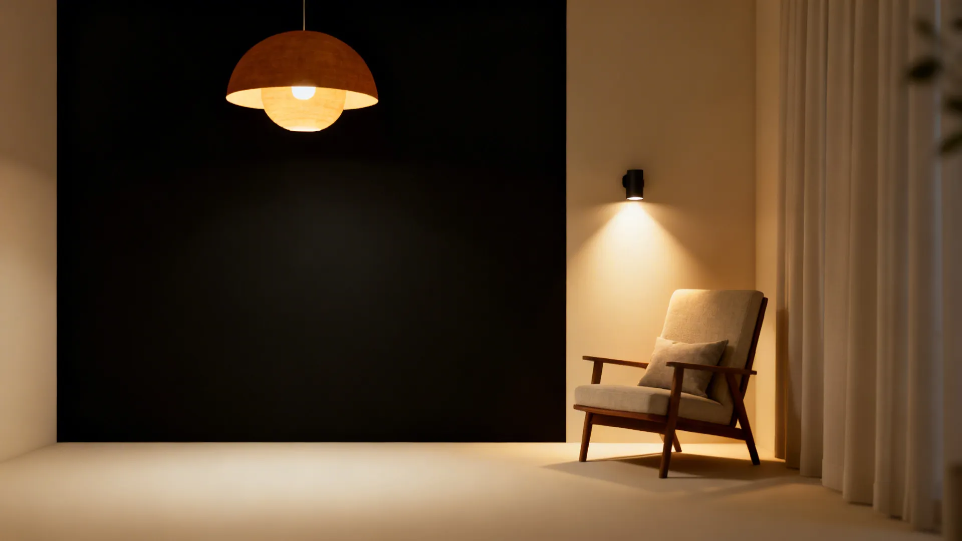 Living room with layered lighting: pendant, floor uplight and sconce softening black-and-cream contrast