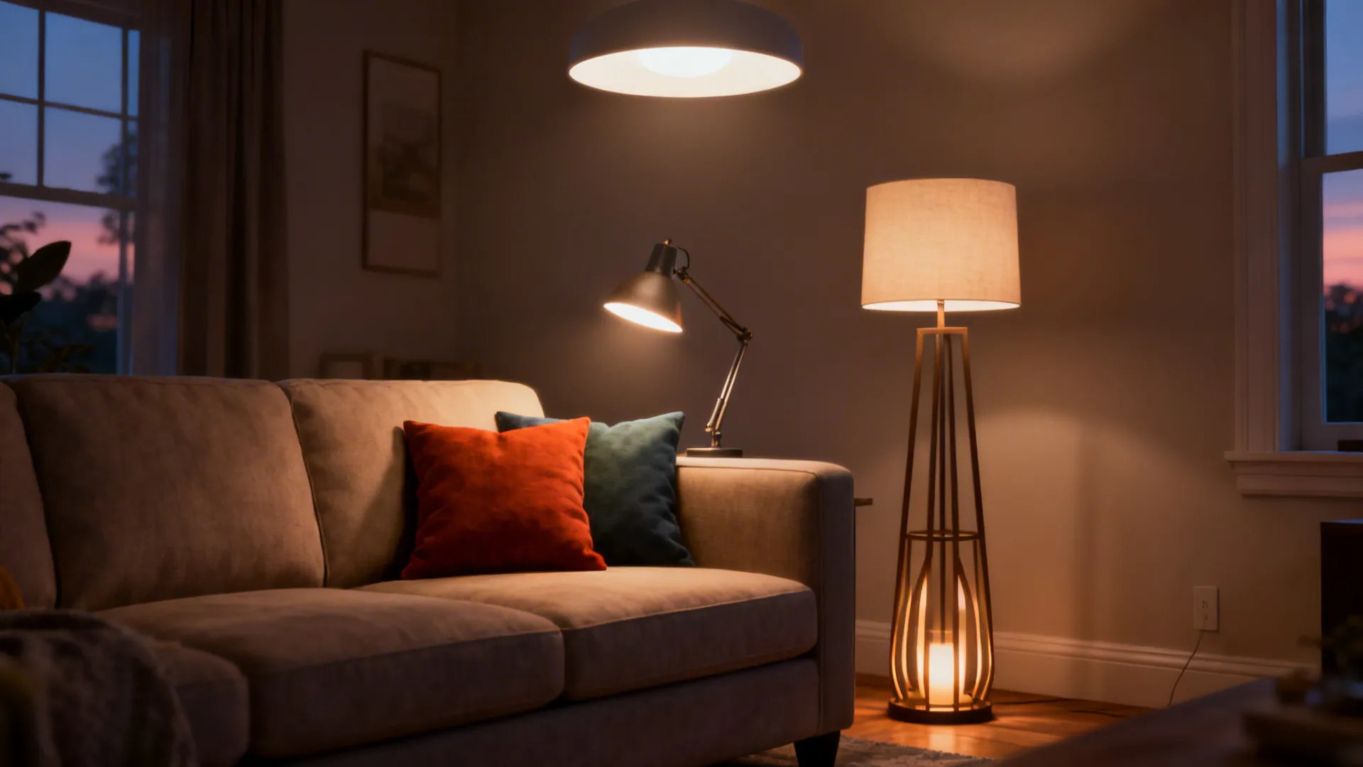 Small living room with layered ambient, task, and accent lighting and simple neutral palette with accent pillows