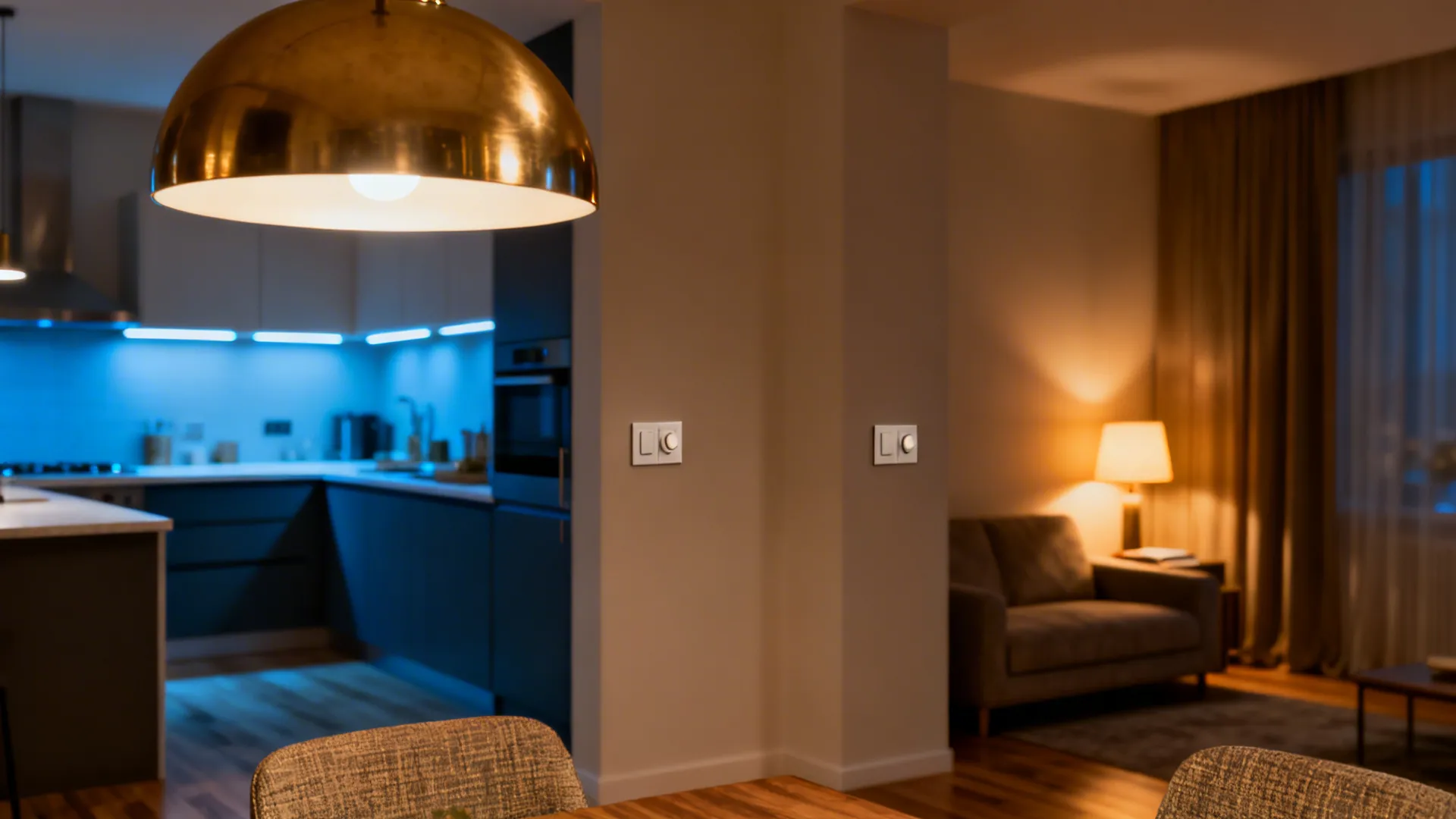 Layered lighting: pendant, task, and ambient lights creating mood and depth.