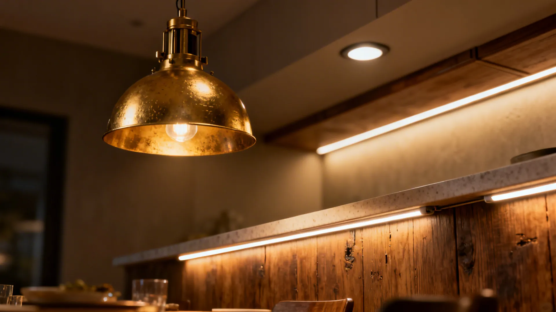 Close-up of brass pendant, under-cabinet LED strip and dimmable ambient recessed lights.