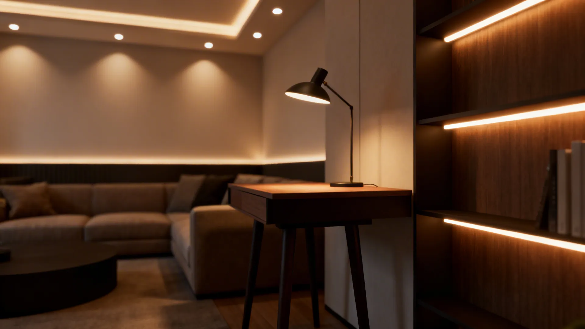 Layered lighting in an L-shaped room showing ambient, task, and accent lights defining zones.