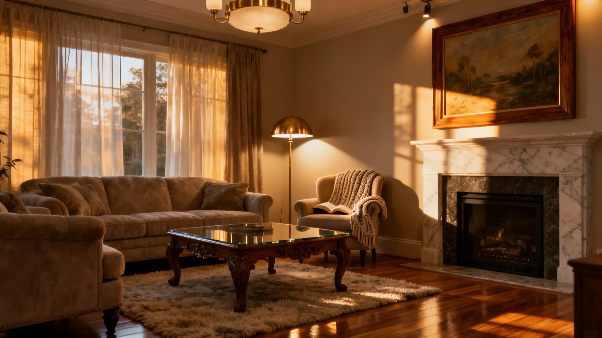 Living room illustrating ambient, task, and accent lighting layers with warm tones.