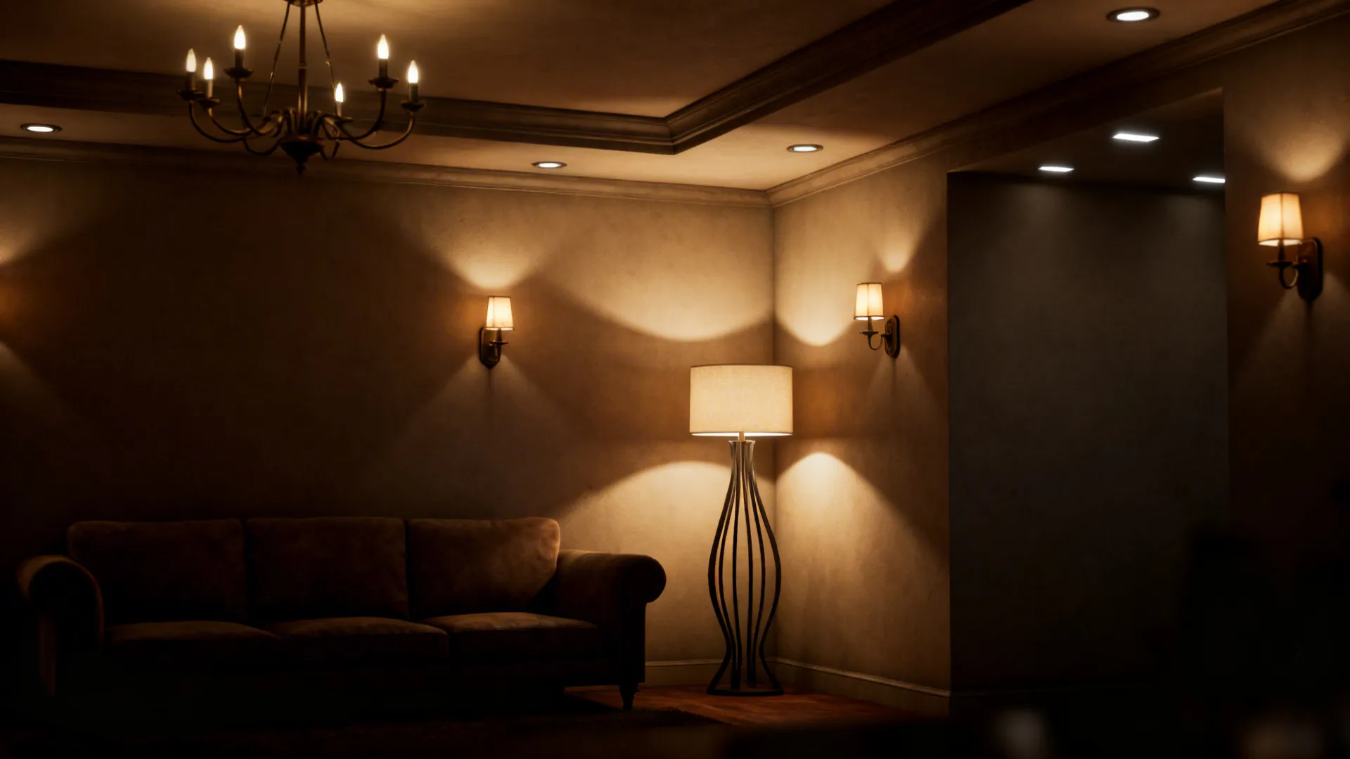 Cozy seating corner lit by a chandelier, wall sconces, floor lamp and recessed uplights for layered ambiance.