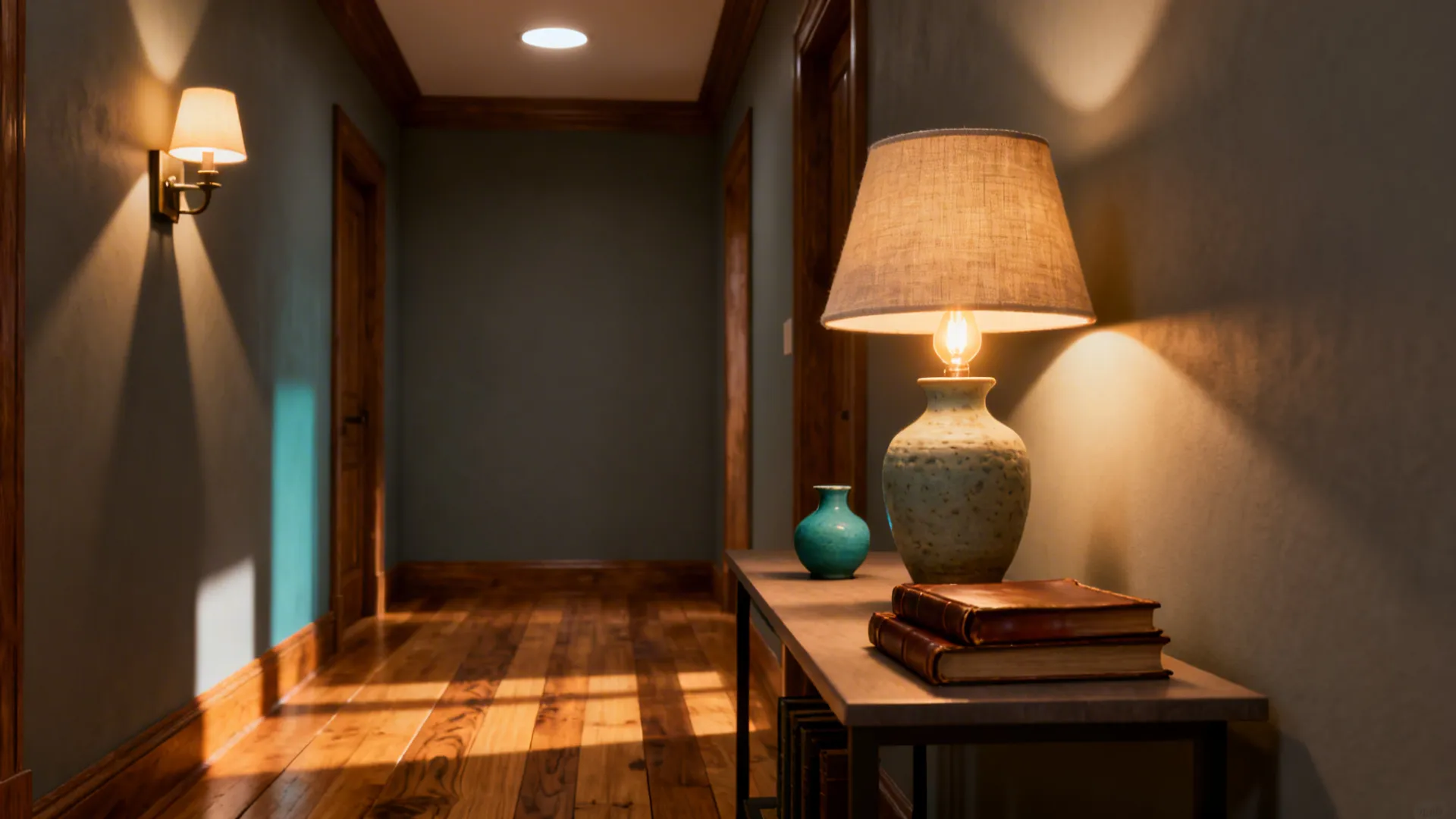 Corner demonstrating layered lighting with recessed, wall sconce and table lamp to add depth in a small room