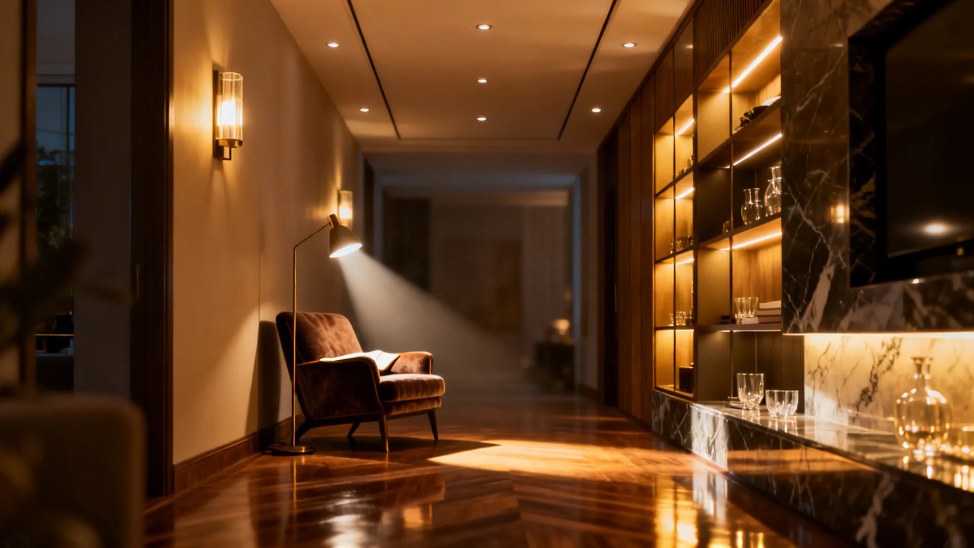 Layered lighting with sconces, floor lamp, and overhead lights creating depth in a narrow room.