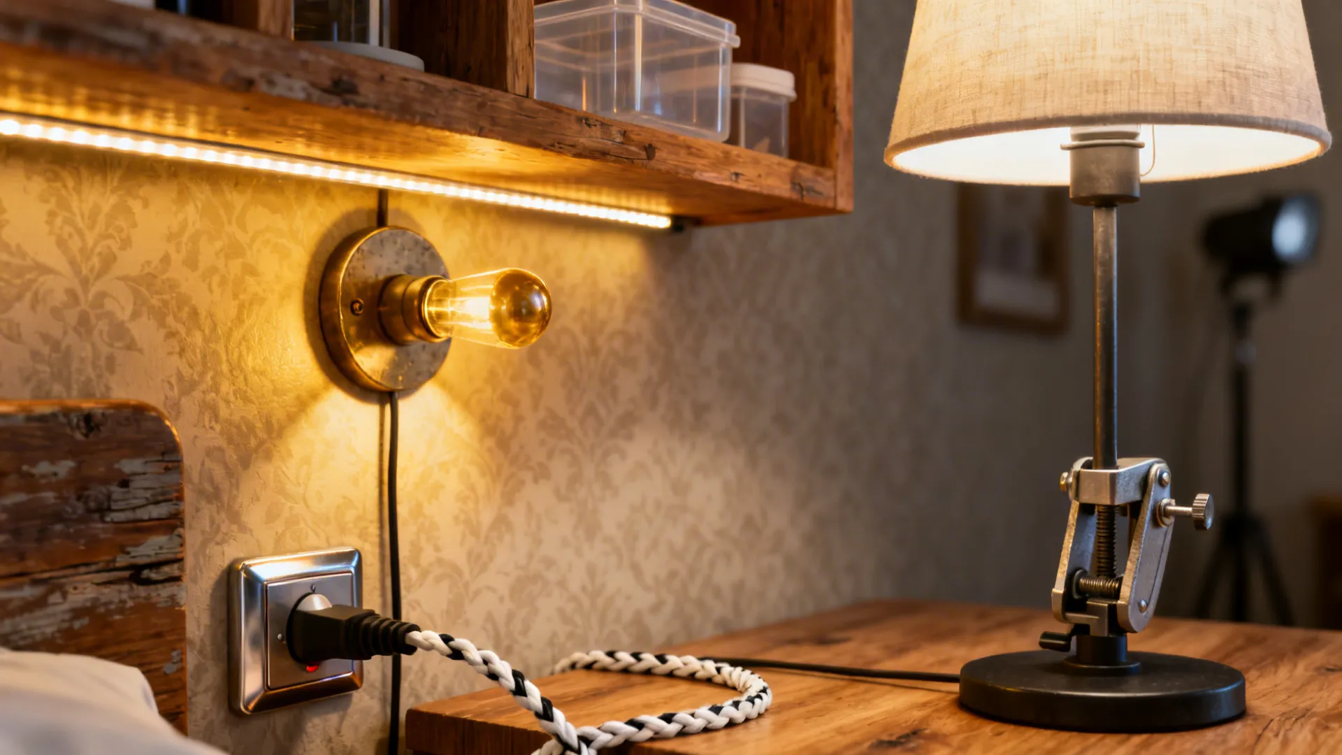 Close-up of wall sconce, under-shelf LED and clamp lamp creating layered lighting in a small room.