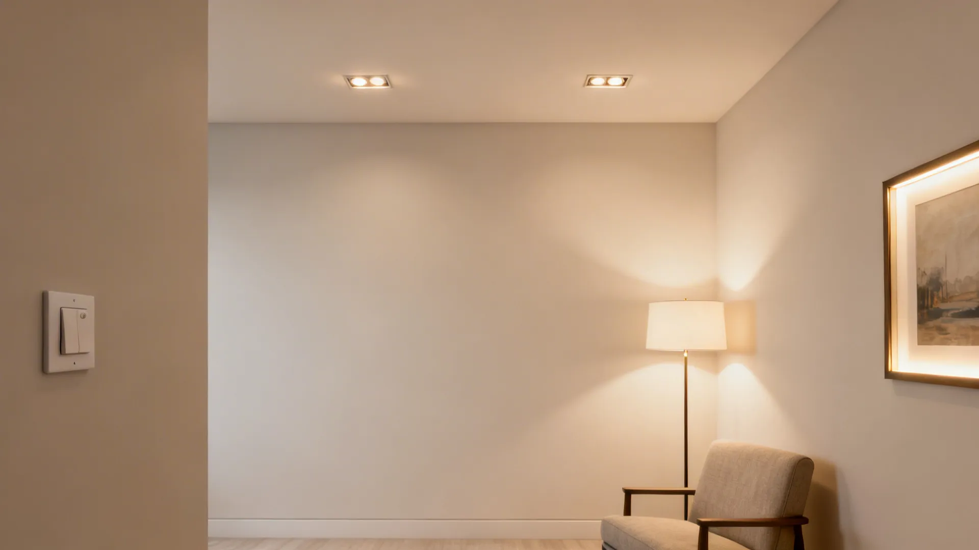 Living room demonstrating ambient recessed lights, a task floor lamp, and accent picture lights.