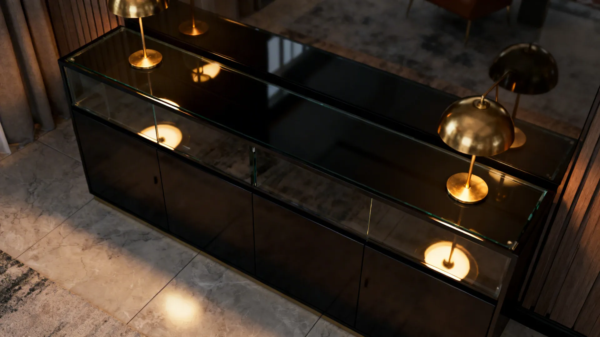 Living room showing reflective surfaces and layered ambient, task, and accent lighting zones