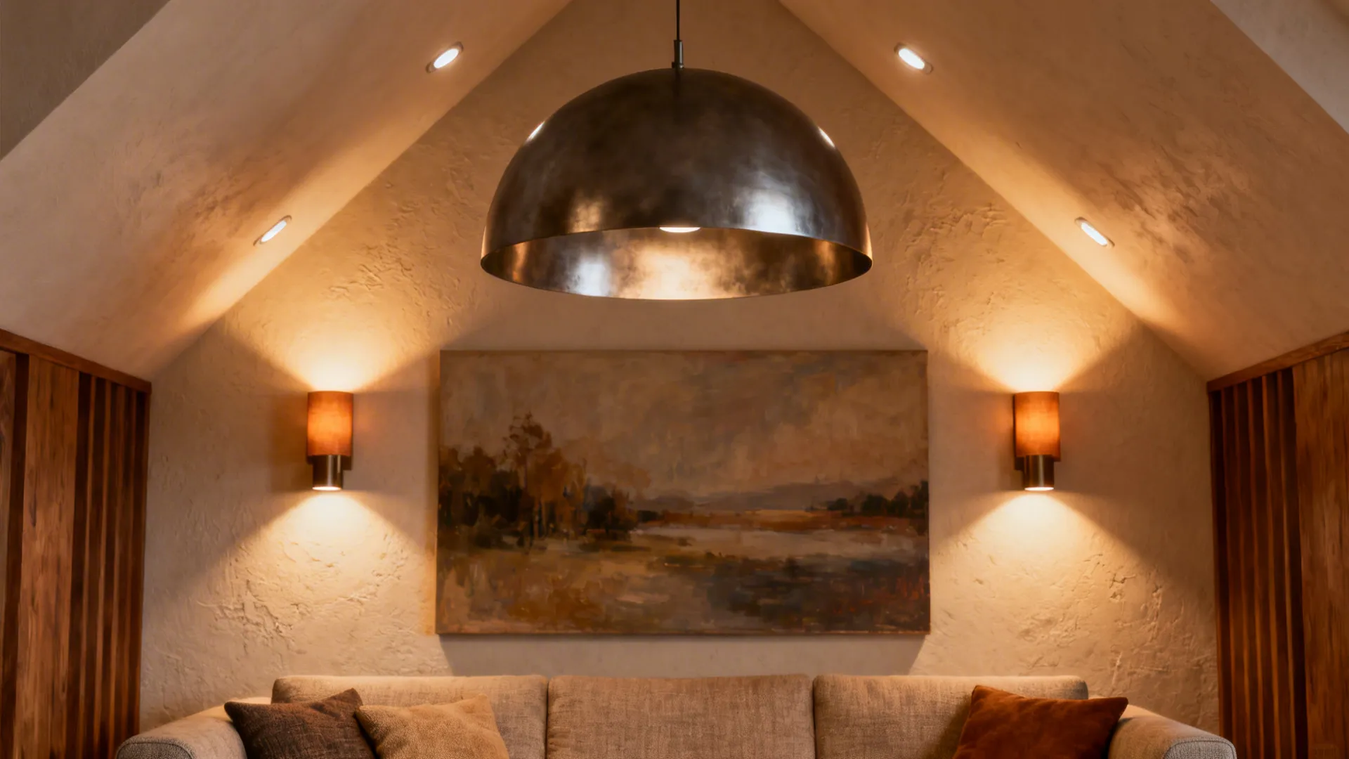 Close-up of layered lighting: pendant, recessed lights, and wall sconces in a vaulted living room