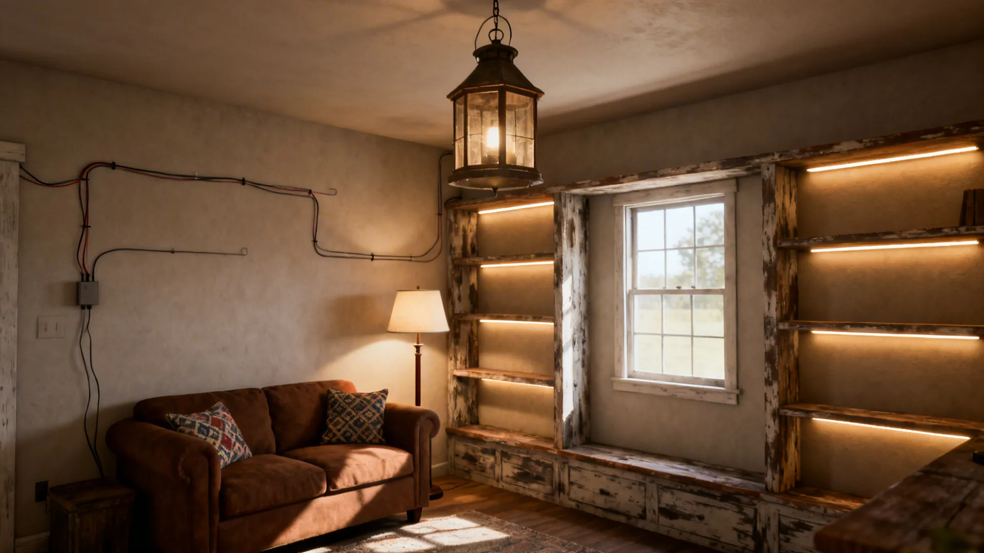Layered lighting with a farmhouse pendant, floor lamp and shelf LED strips around a brown couch.