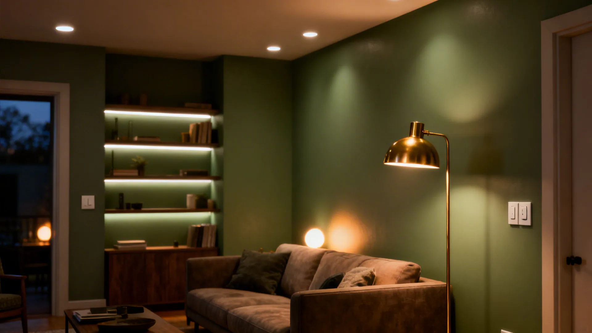 Cozy living room with warm light from floor lamp ceiling lights and lighted green wall shelves