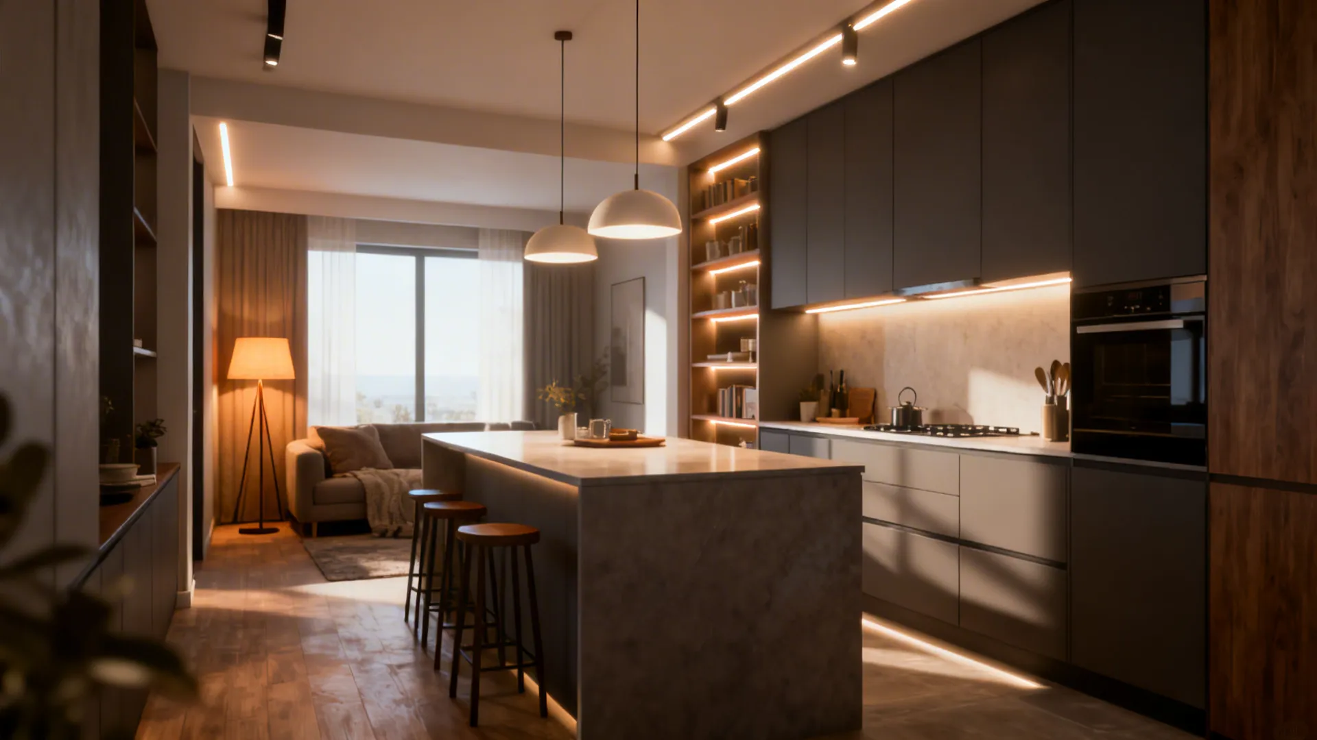 Layered kitchen and living area lighting with under-cabinet, pendant and floor lamp creating depth.