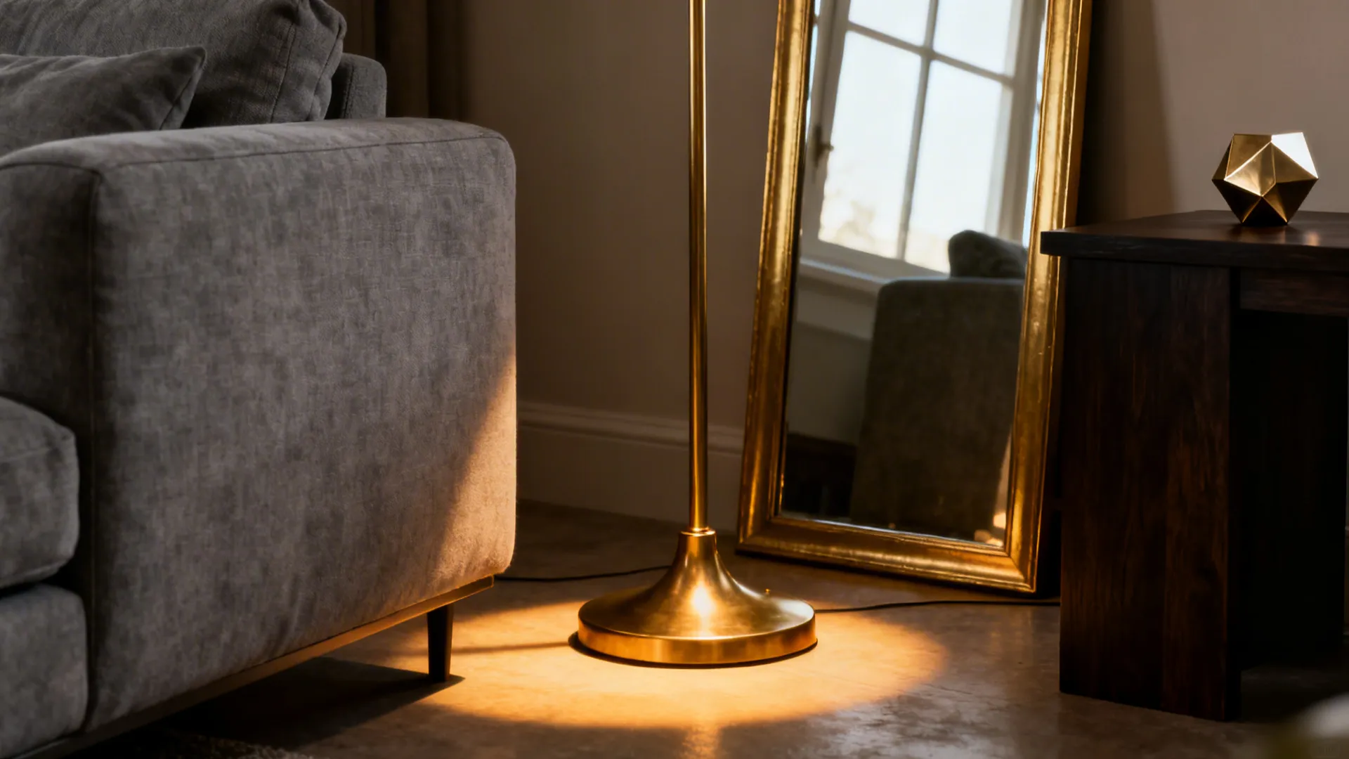 Grey sofa near gold floor lamp casting warm light on floor beside gold framed mirror