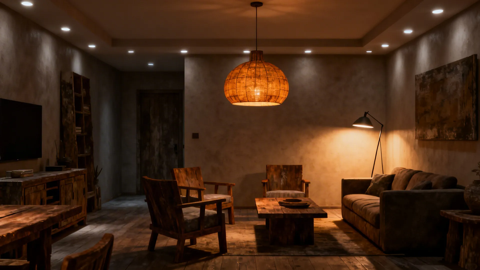 Living room demonstrating layered lighting with pendant, recessed lights, and floor lamp