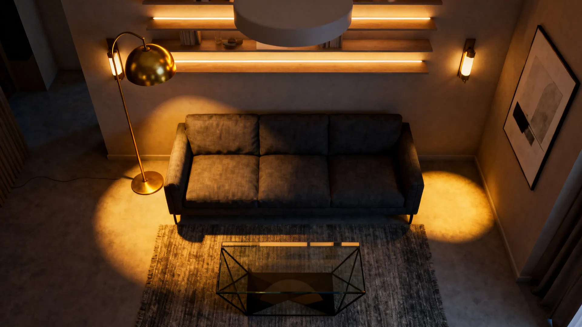 Layered lighting plan showing overhead, floor lamp, LED strips and sconces around a black sofa in an open-plan living area