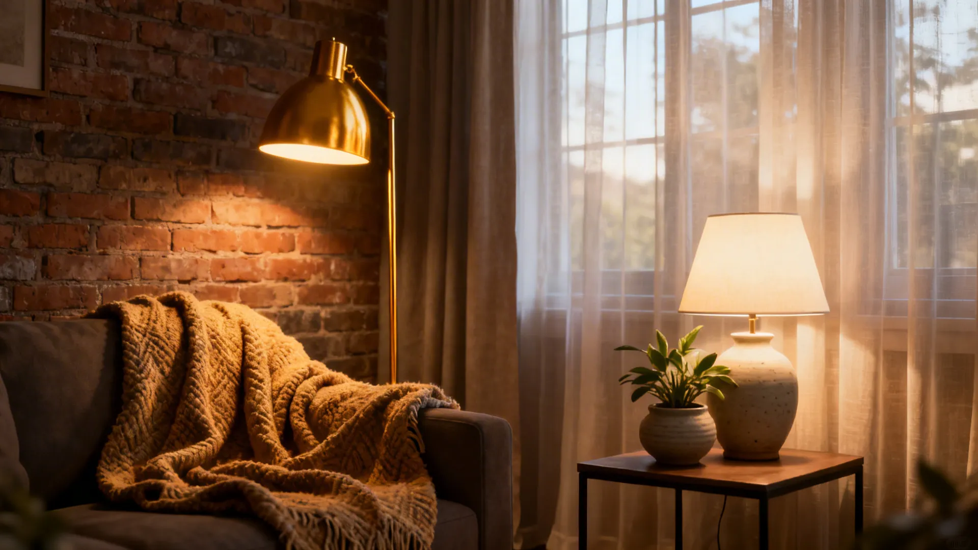 Brick wall living room with gold floor light table lamp and a soft warm blanket