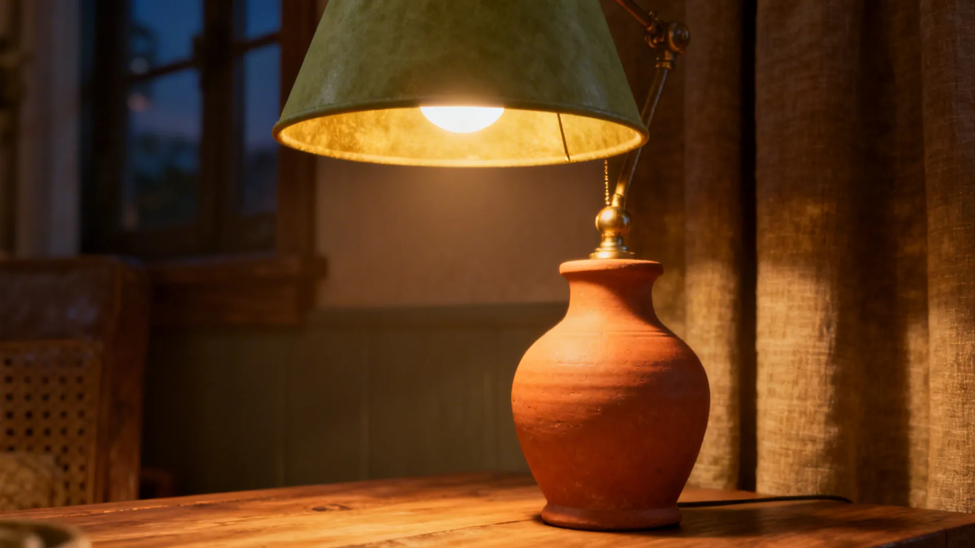 Warm terracotta table lamp and sage pendant creating layered lighting and cozy shadows.