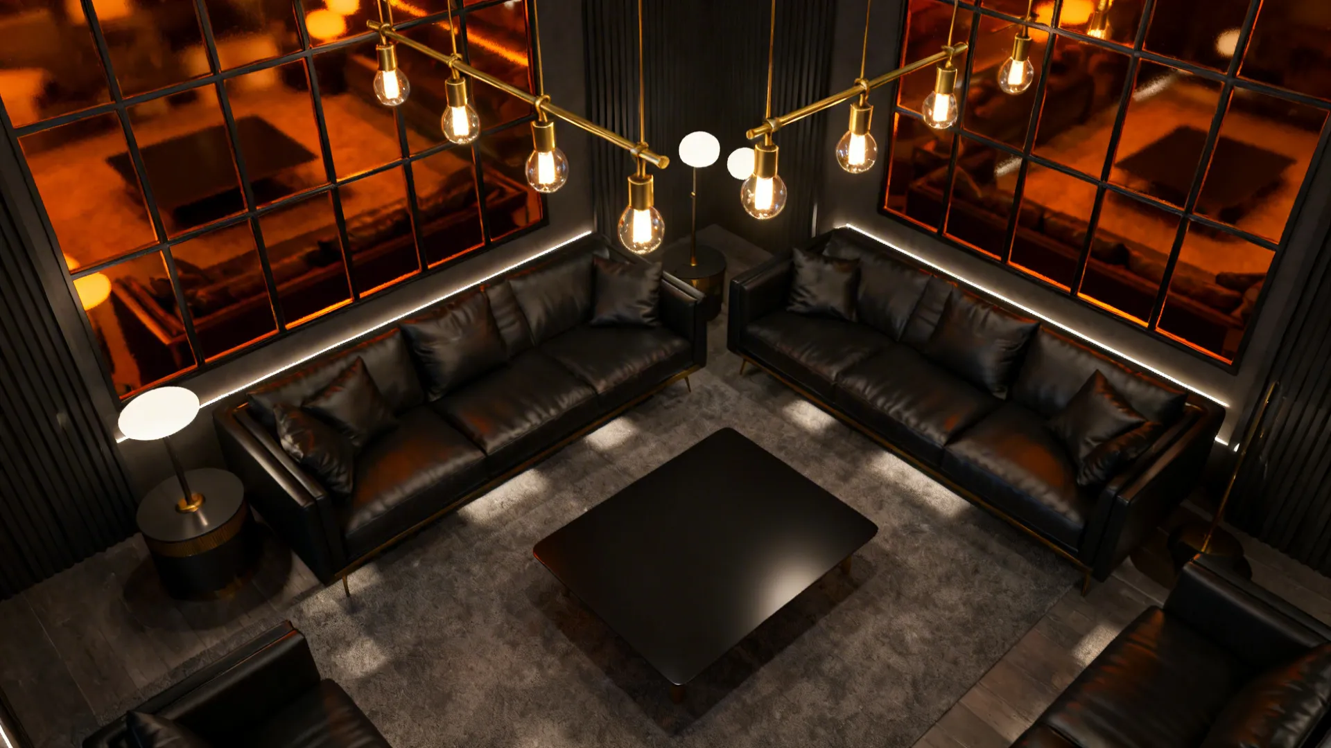 Top-down view showing layered lighting and mirrored panels reflecting orange hues on black surfaces.