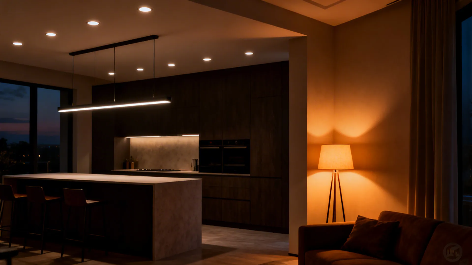 Layered lighting with recessed ambient lights, a linear pendant over the island and a floor lamp near seating.