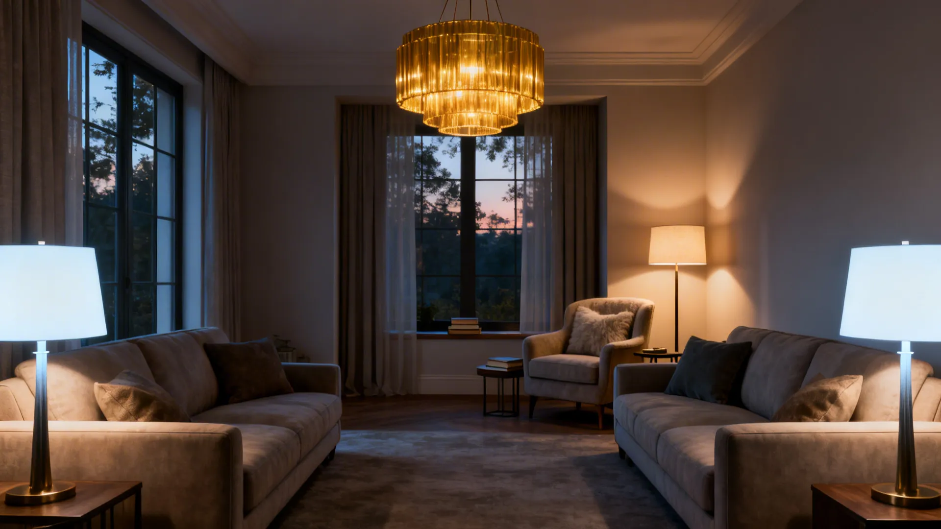 Layered lighting with pendant and floor lamps creating intimate ambiance around two facing sofas.