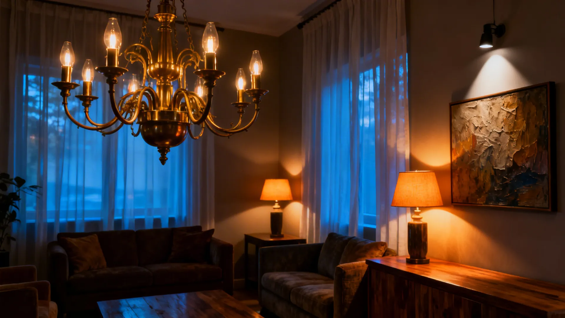 Living room showing chandelier, table lamps and picture lights creating multiple lighting zones.
