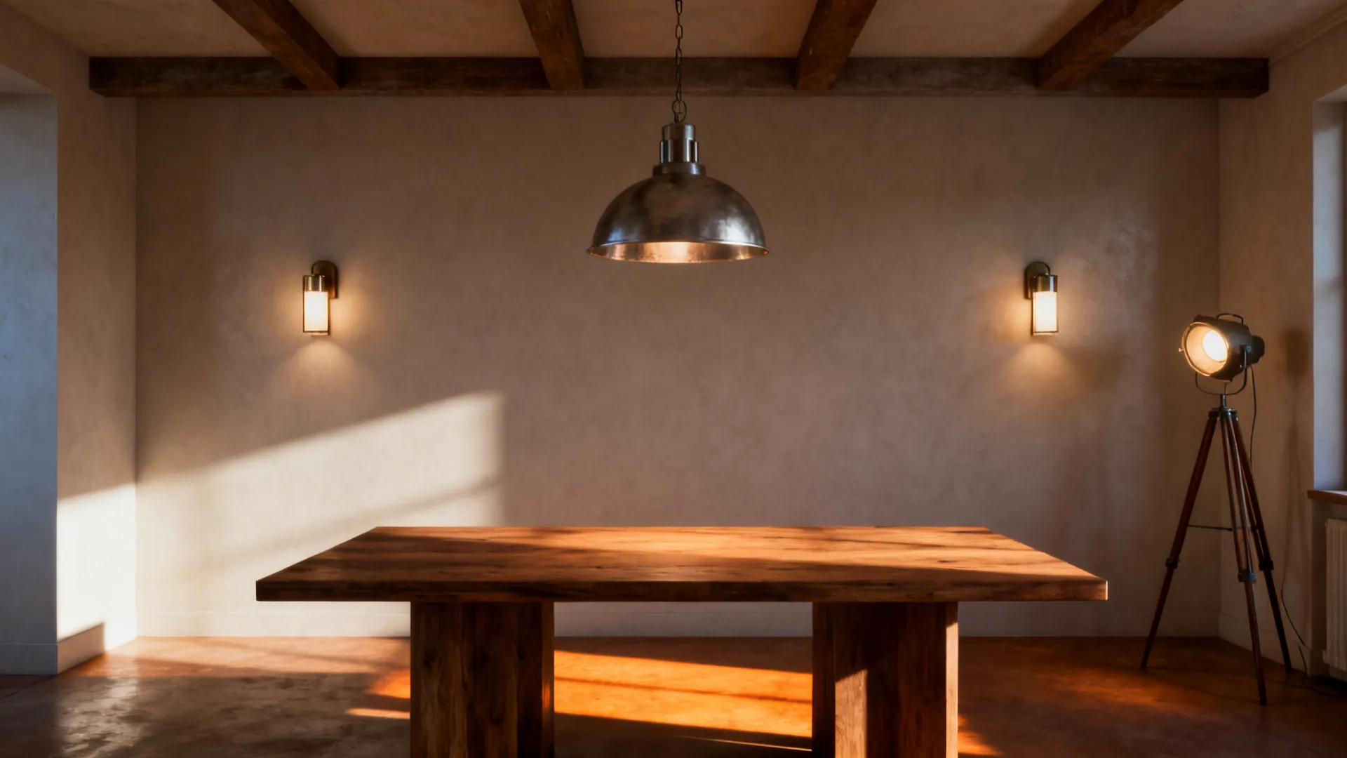 Dining room showcasing layered lighting with a pendant, wall sconce and floor lamp.