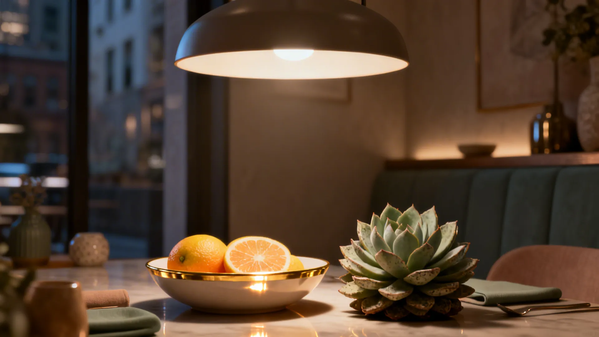 Lowered pendant above a small table with a shallow gold-rim bowl of citrus and low succulents creating warm layered lighting.