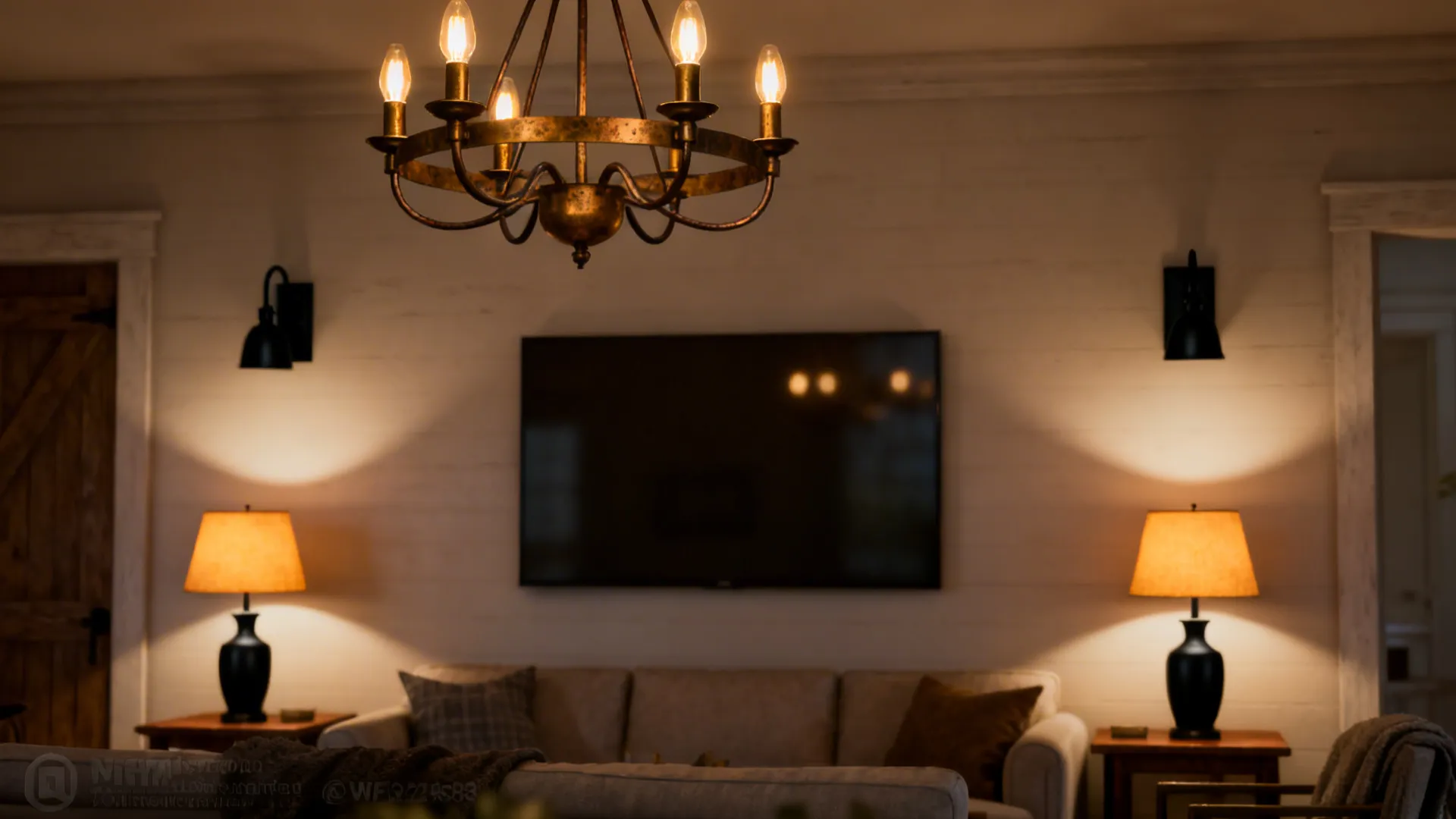 Warm living room with bronze ceiling light, two table lamps, wall lights, and a grey sofa