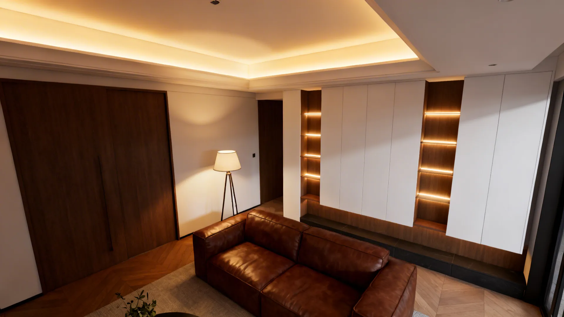 Layered lighting plan in a brown-and-white living room showing ambient, task and accent warm lights