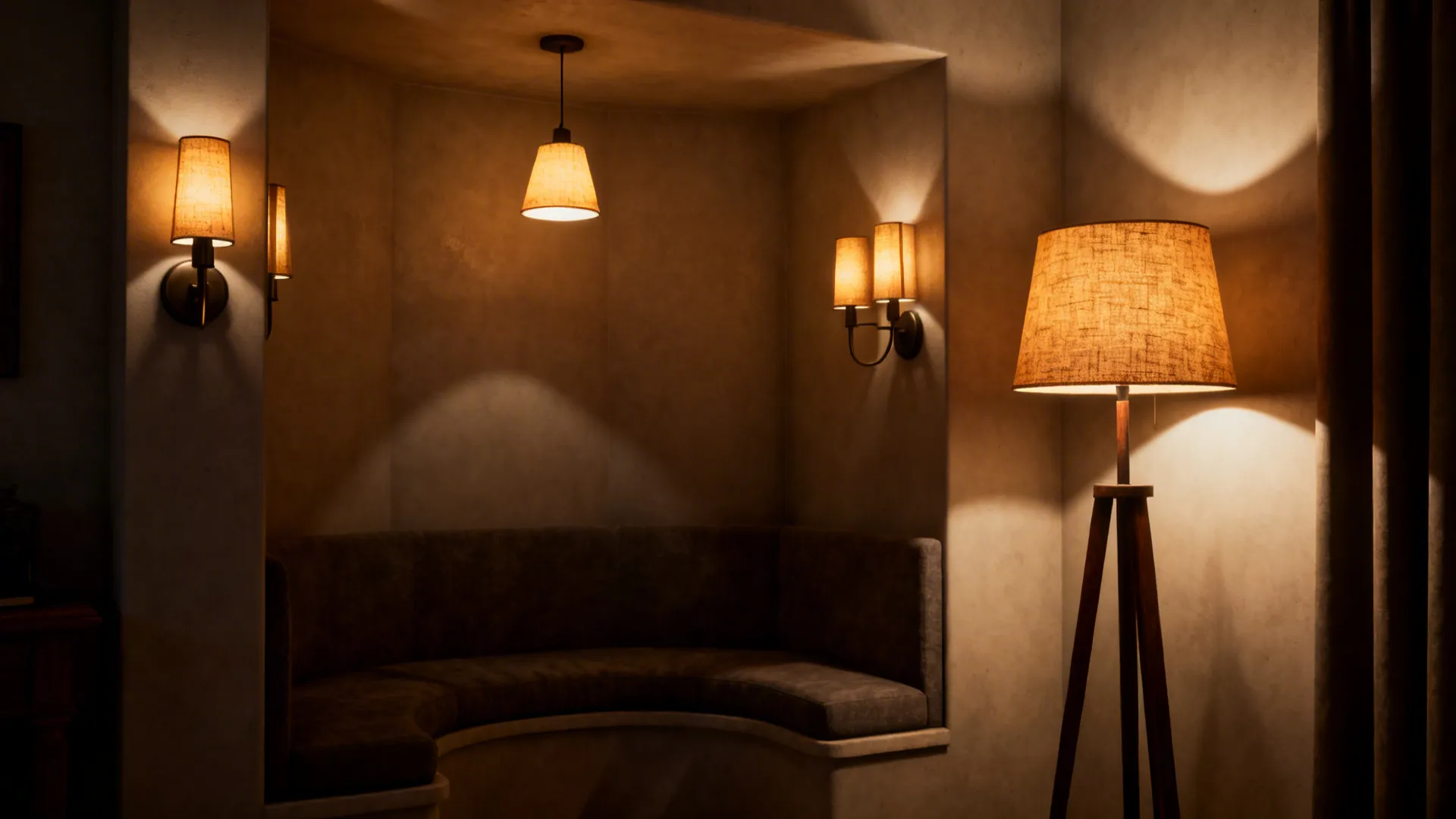 Layered lighting with wall sconces, pendant and floor lamp creating adjustable mood and task light