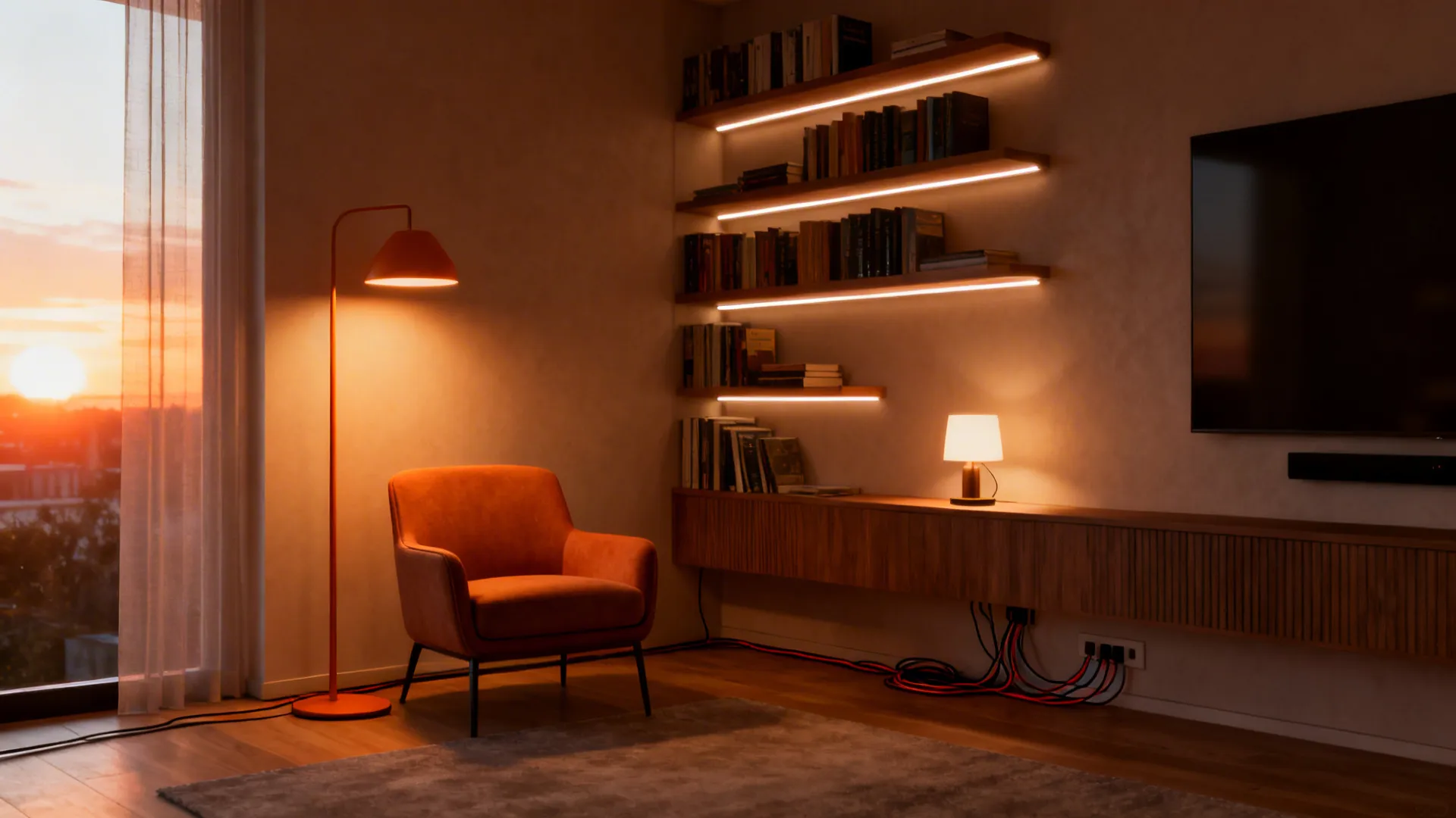 Small living room with floor lamp, LED strip behind bookshelf, and table lamp creating layered lighting